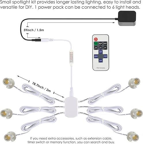 Miniatura 3 de DEDC 6 mini luces LED puntuales, 1.5W DC12V 3000K luces debajo del gabinete con atenuador de RF inalámbrico, mini focos para pantallas de escaparate