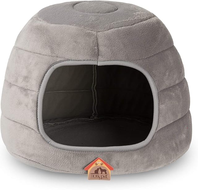 Hollypet Coral Velvet Self-Warming 2-in-1 Foldable Cave Shape High Elastic Foam Pet Cat Bed for Cats and Small Dogs