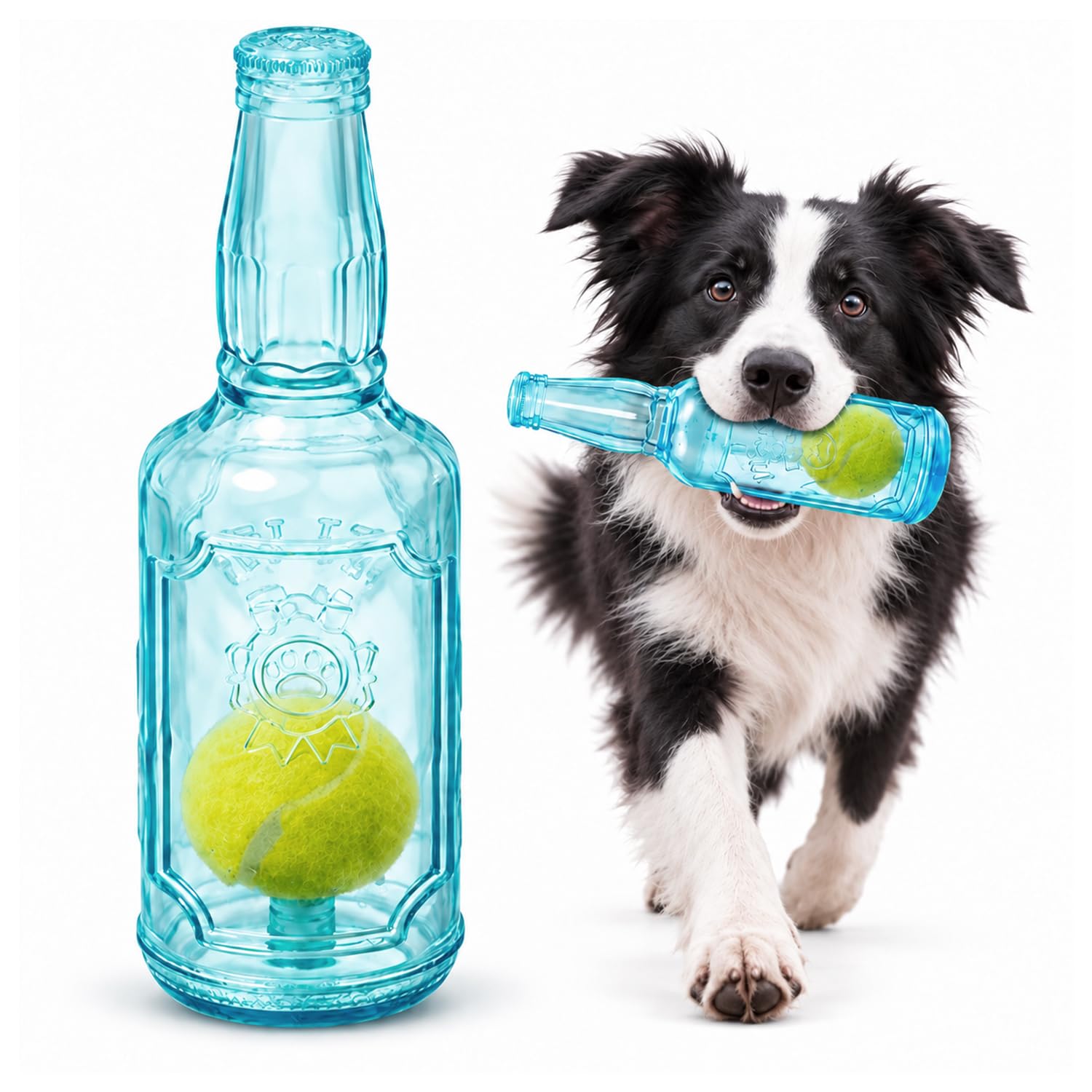 BUKLUKE Squeaky Interactive Bottle with Tennis Ball Dog Teething Chew Toys