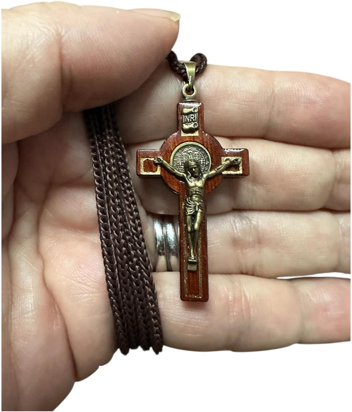 Catholica Shop Saint Benedict Medal Wood Crucifix Cord Necklace for Men & Women – Handcrafted Religious Pendant, Healing, Travel Protection, Perfect for Gifting on Special Occasions, Made in Brazil - Image 4
