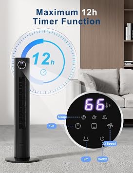 Electactic 36 Tower Fan with Remote, 23ft/s Powerful Airflow, 85 Oscillation, 3 Speeds, 4 Modes, 12H Timer, Bladeless Cooling Fan for Bedroom, Home & Office, Black