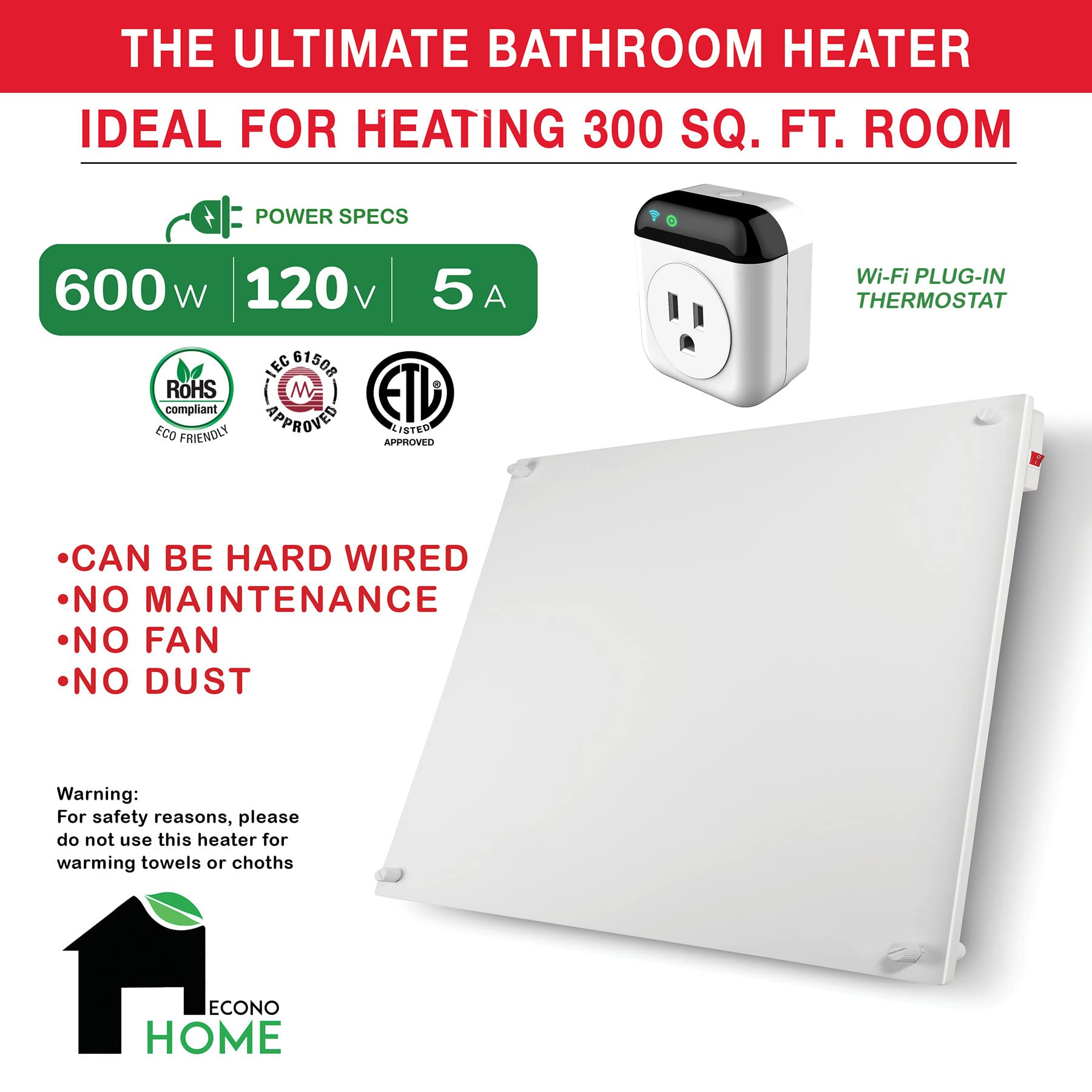 Amazon.com: EconoHome Wall Mount Smart Space Heater Panel - with Wi-fi  Thermostat - 600W Convection Heater - For 200 Sq Ft Room - 120V - Smart  Life App : Home u0026 Kitchen