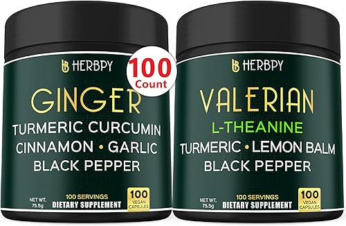 Paquete de suplemento de jengibre 5 en 1 de 7550 mg y suplemento de raíz de valeriana 5 en 1 de 5150 mg - Apoya la salud cardíaca, inmunológica,