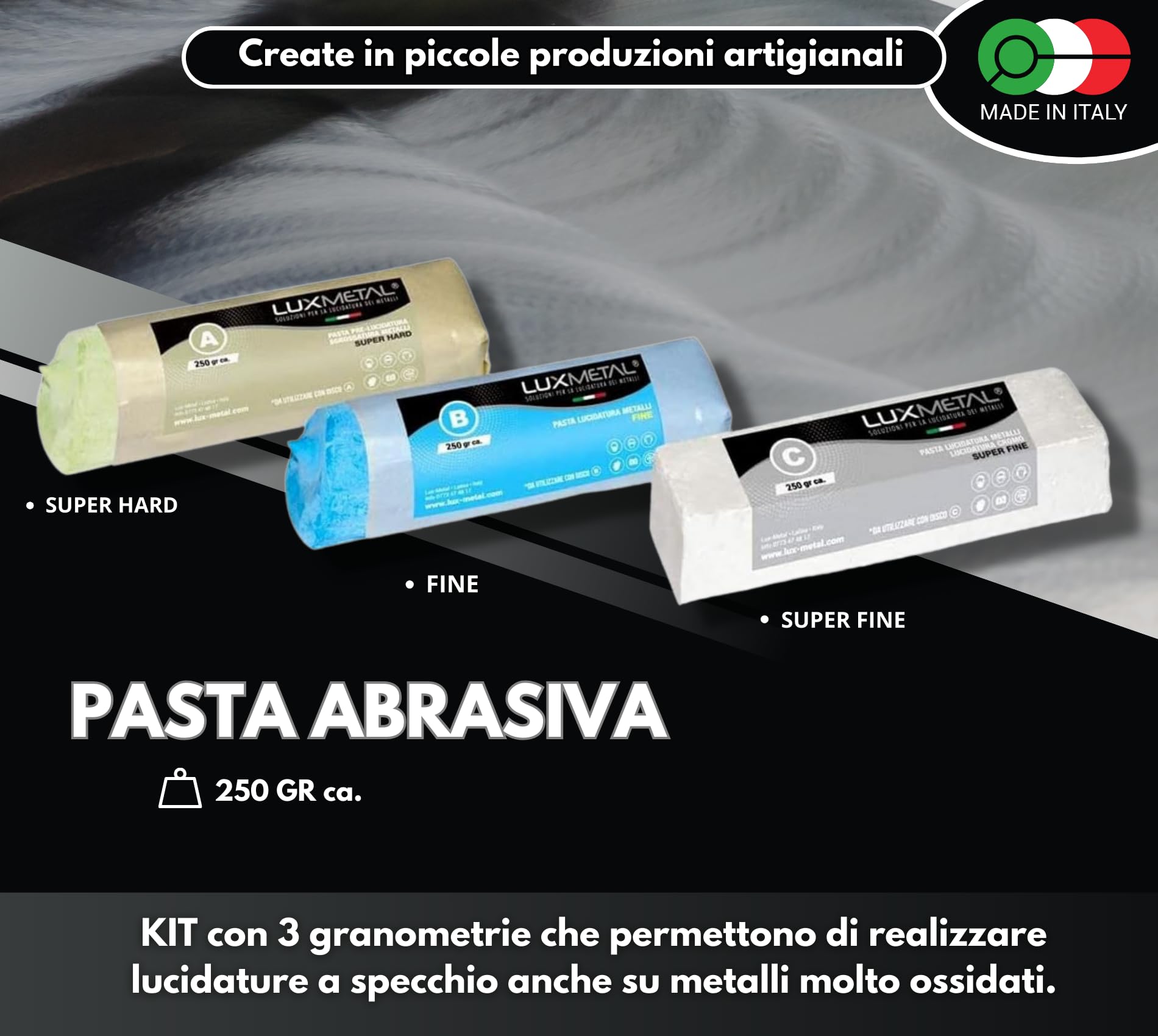 Lux Metal Kit Lucidatura 3 Disco Lucidatura 100 mm e 3 Pasta Abrasiva Lucidante 250 gr Supporto per Trapano Plastica Mola Dischi Per Lucidare Acciaio Inox Metalli Cotone Set Lucida Cromature Ottone