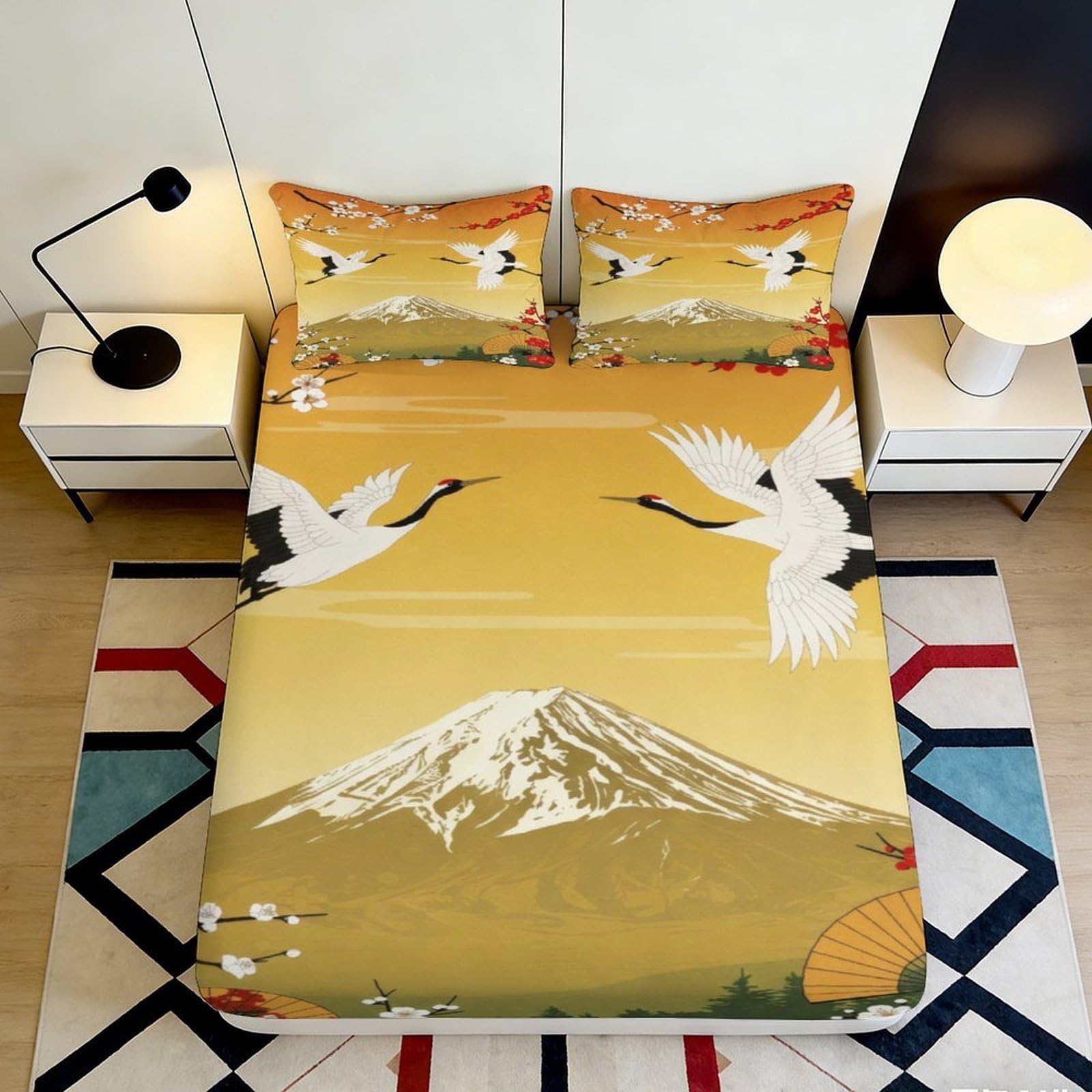 3D Printed Crane and Mount Fuji Fitted Sheet Microfiber Soft Breathable Japanese Style Bed Cover for Bedroom Dormitory Guest Room Mattress Protection 120x200x25cm