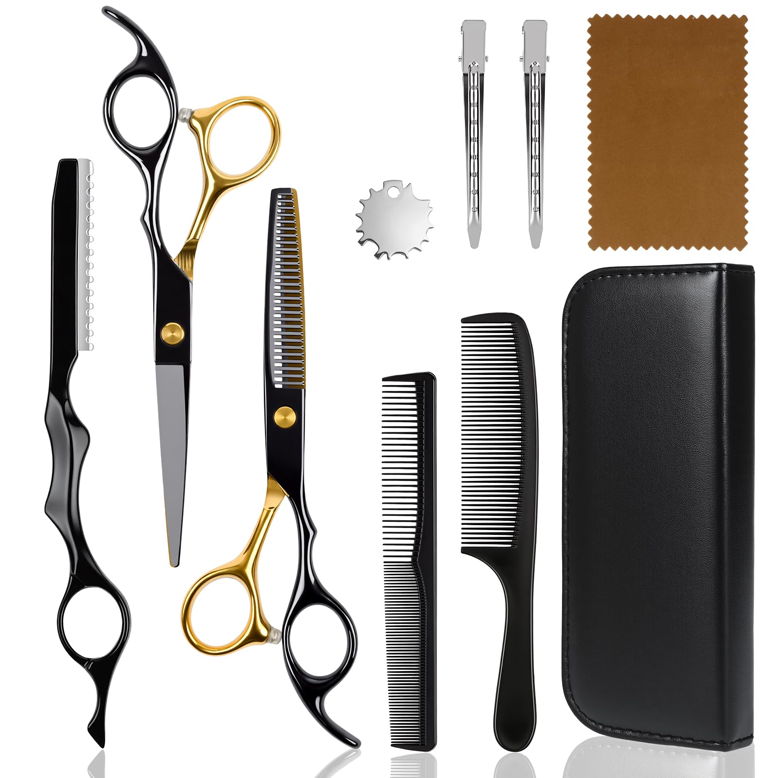 Professional Hair Cutting Scissors Set 10 Piece Stainless Steel Barber Shears Kit for Salons Barbershops Home Haircuts, Family Grooming and DIY Hair Styling 10-piece