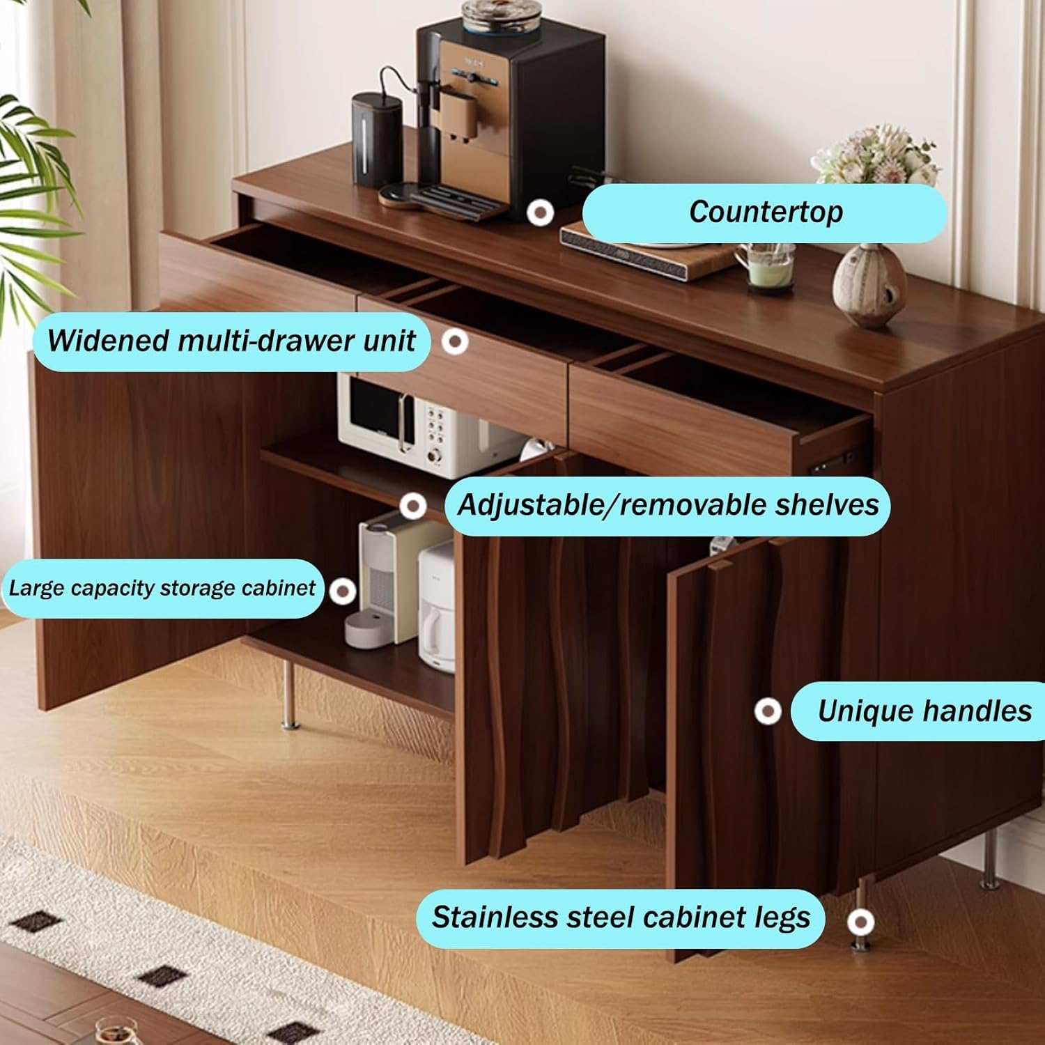 Rustic Fluted Accent Sideboard Buffet Cabinet, Buffet Cabinet with Storage, Sideboard with Adjustable Shelves, Buffet Table Entryway Cabinets for Dining Room(Brown,31.4x15.7x37.4in)