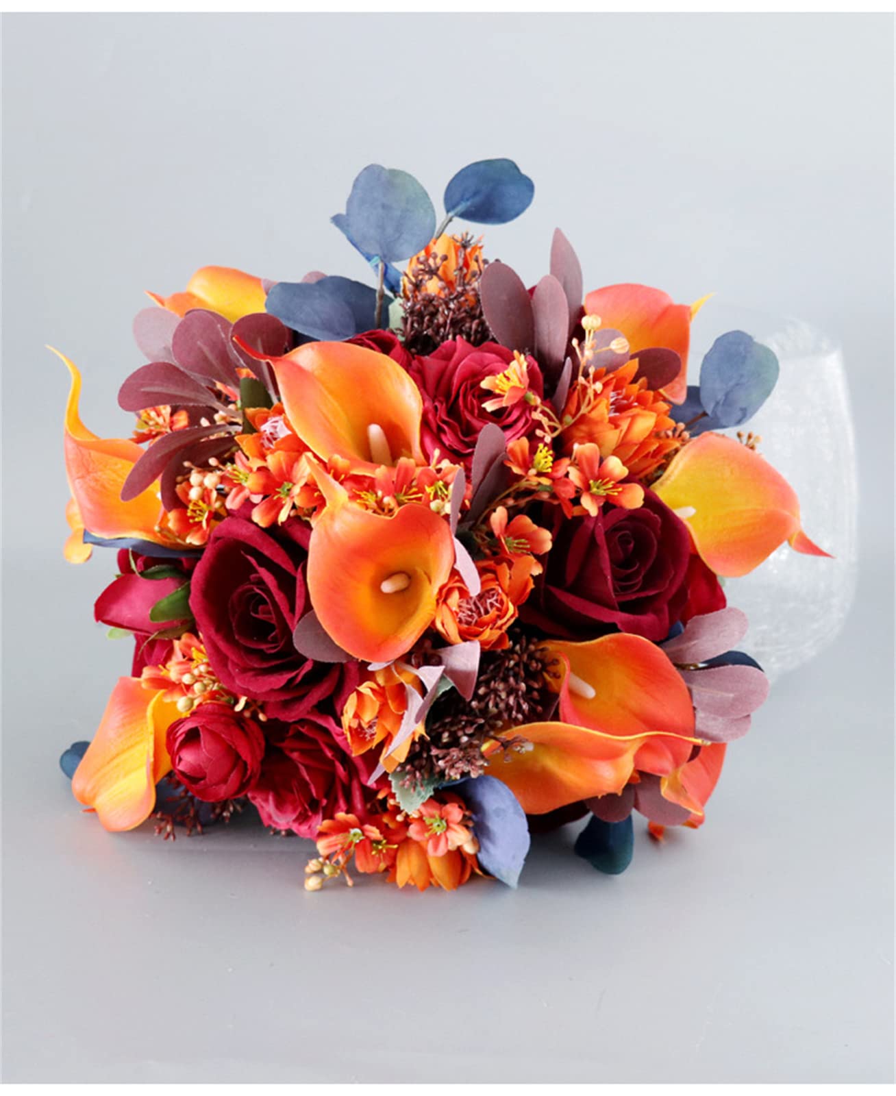 Künstliche Blumen, Brautstrauß mit bunten Rosen und Calla-Lilien, handgefertigter Wurfstrauß für rustikale Hochzeiten