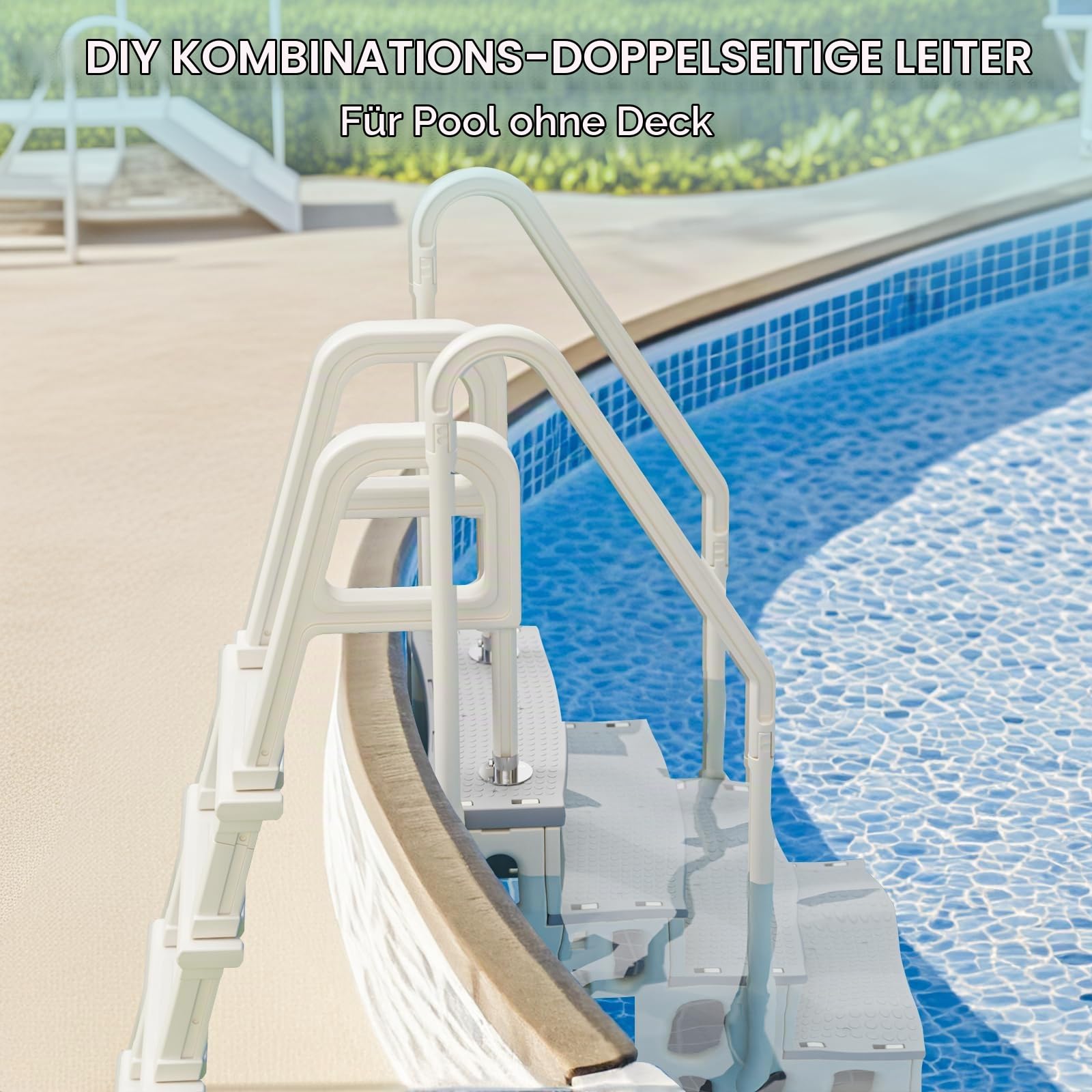 Bonnlo Poolleiter, Pooltreppe aus Kunststoff, mit rutschfesten Streifen und Handläufen, 5-stufig, bis 180 kg belastbar, für Oberirdische/Einbaupools, Weiß