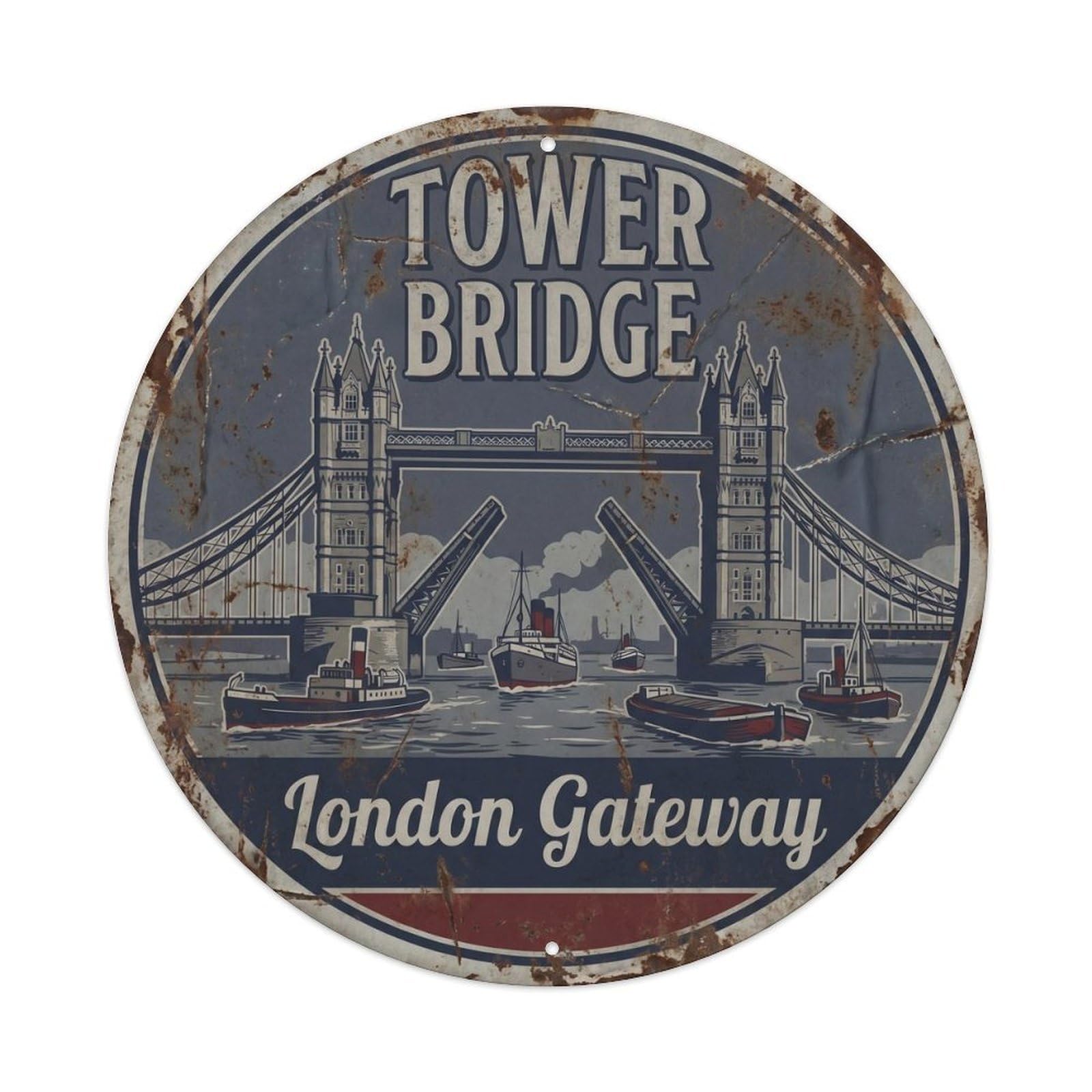 Vintage Travel Tower Bridge London 3 Metal Tin Sign Plaque Wall Decor for Cafe, Club, Garden Round Metal Poster 8x8Inch