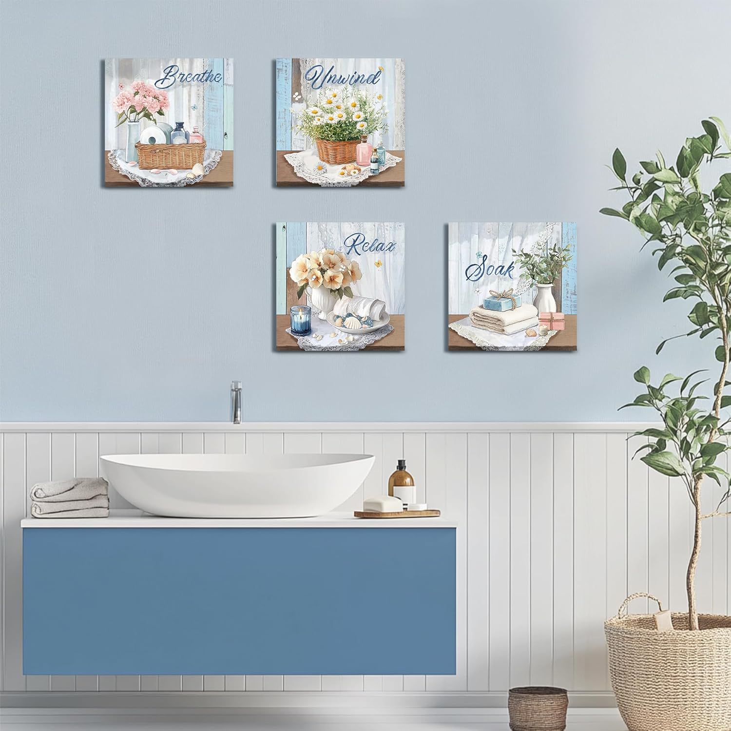 Xiysien Bathroom Wall Art Relax Soak Unwind Breathe - Farmhouse Style Canvas Prints - 4 Pack - 12''x12'' - Framed - Bathroom Decor