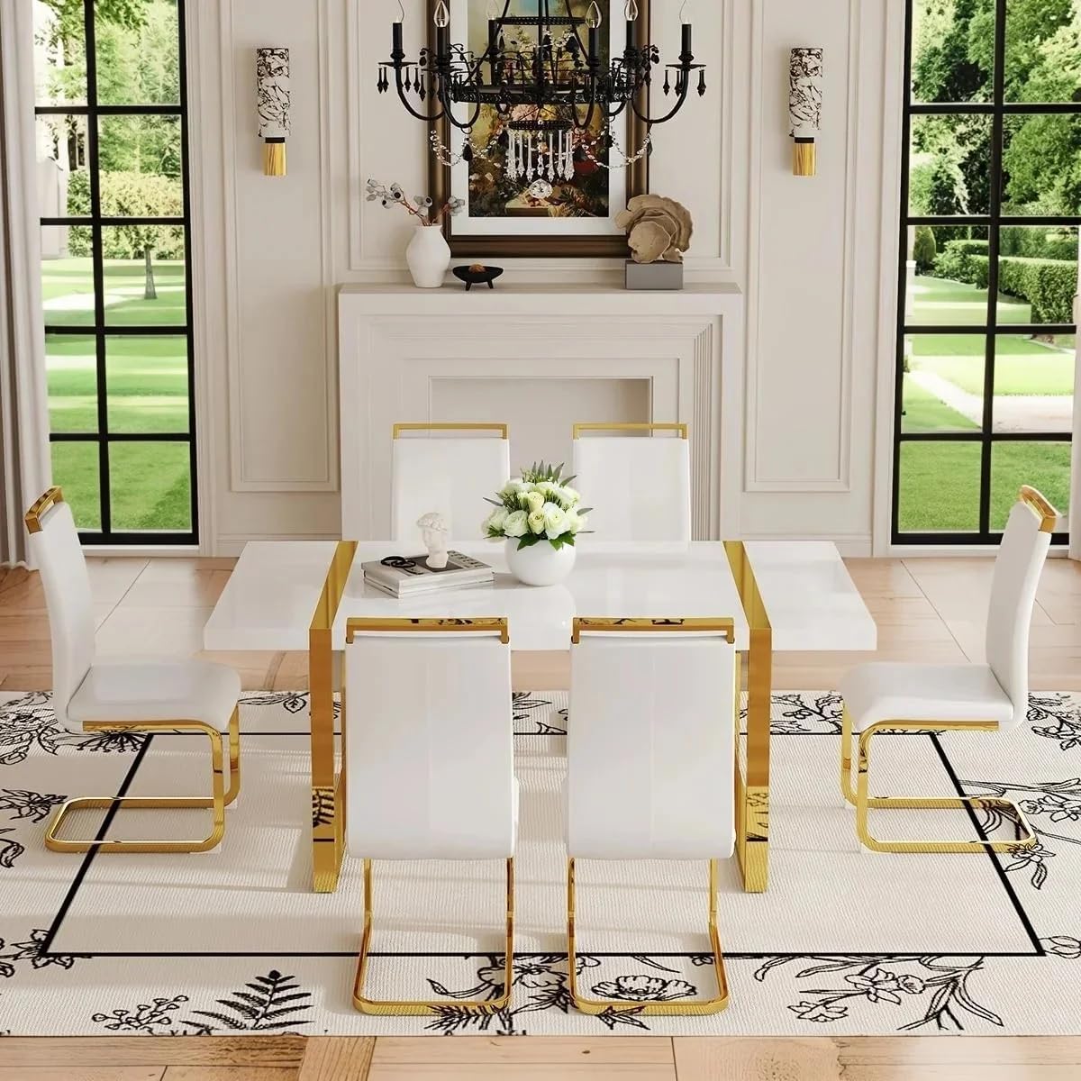 Modern Dining Table Set for 6, 55" White Dining Table Set with 6 Faux Leather Chairs, White Wooden Tabletop with Golden Stainless Steel Legs, 7 Piece Dinning Set Ideal for Small Space
