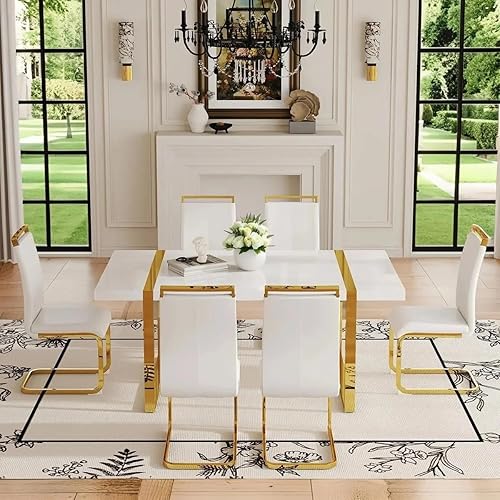 Miniatura 24 de Moderno juego de mesa de comedor para 4, juego de mesa de comedor dorado de 55 pulgadas con 4 sillas de piel sintética negra, mesa de madera negra