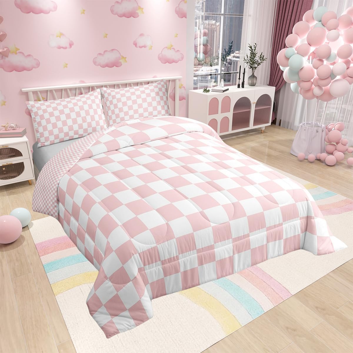 Manfei Pink White Grid Comforter Set Twin Size, Reversible Geometric Plaid Square Bedding Set 2pcs, Kids Girls Princess Room Decor, Soft Lattice Checkerd Down Comforter for All Season, 1 Pillowcase