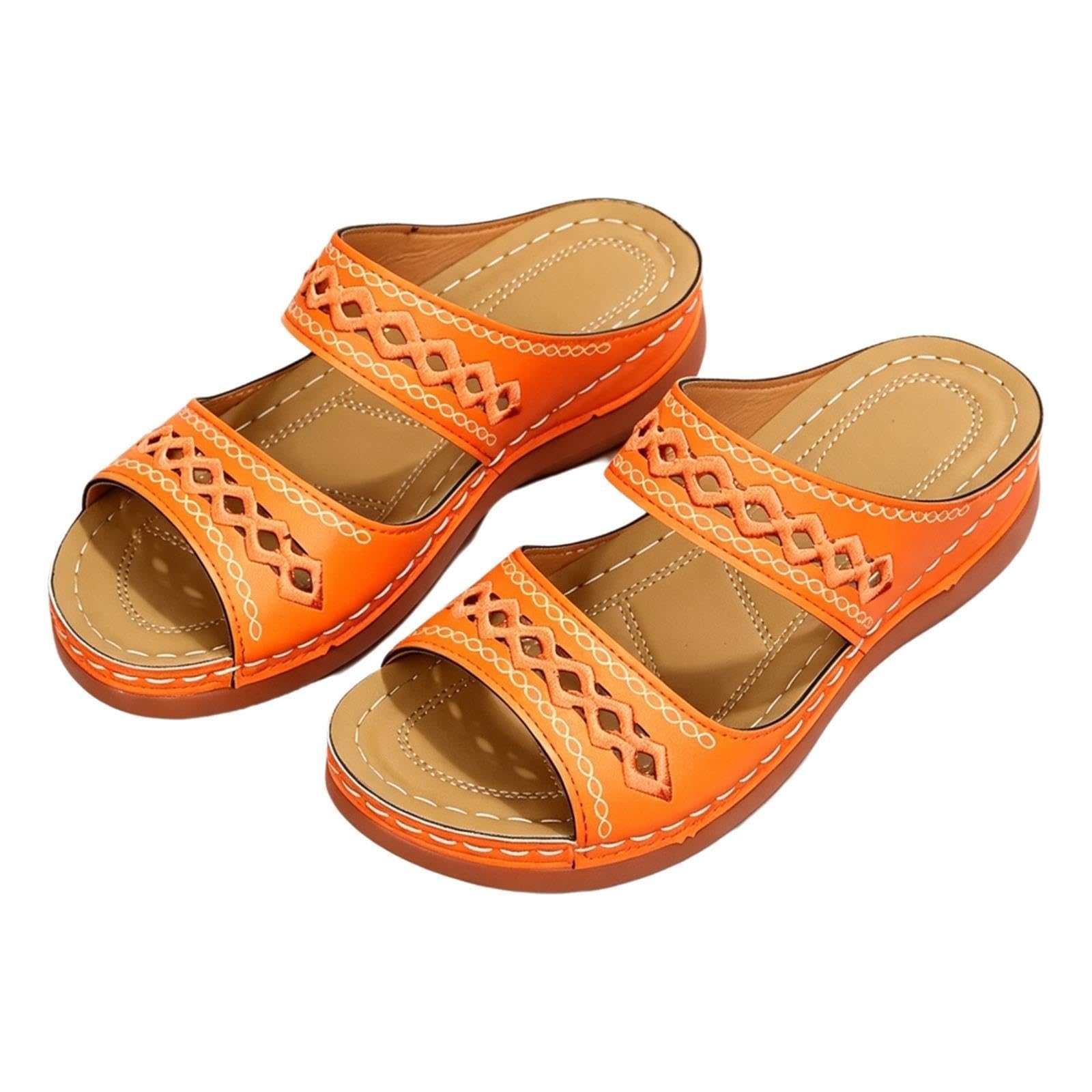 Generico Sandali Con Zeppa Da Donna, Ciabatte Larghe In Pelle Con Tacco Basso(Orange,40 EU)