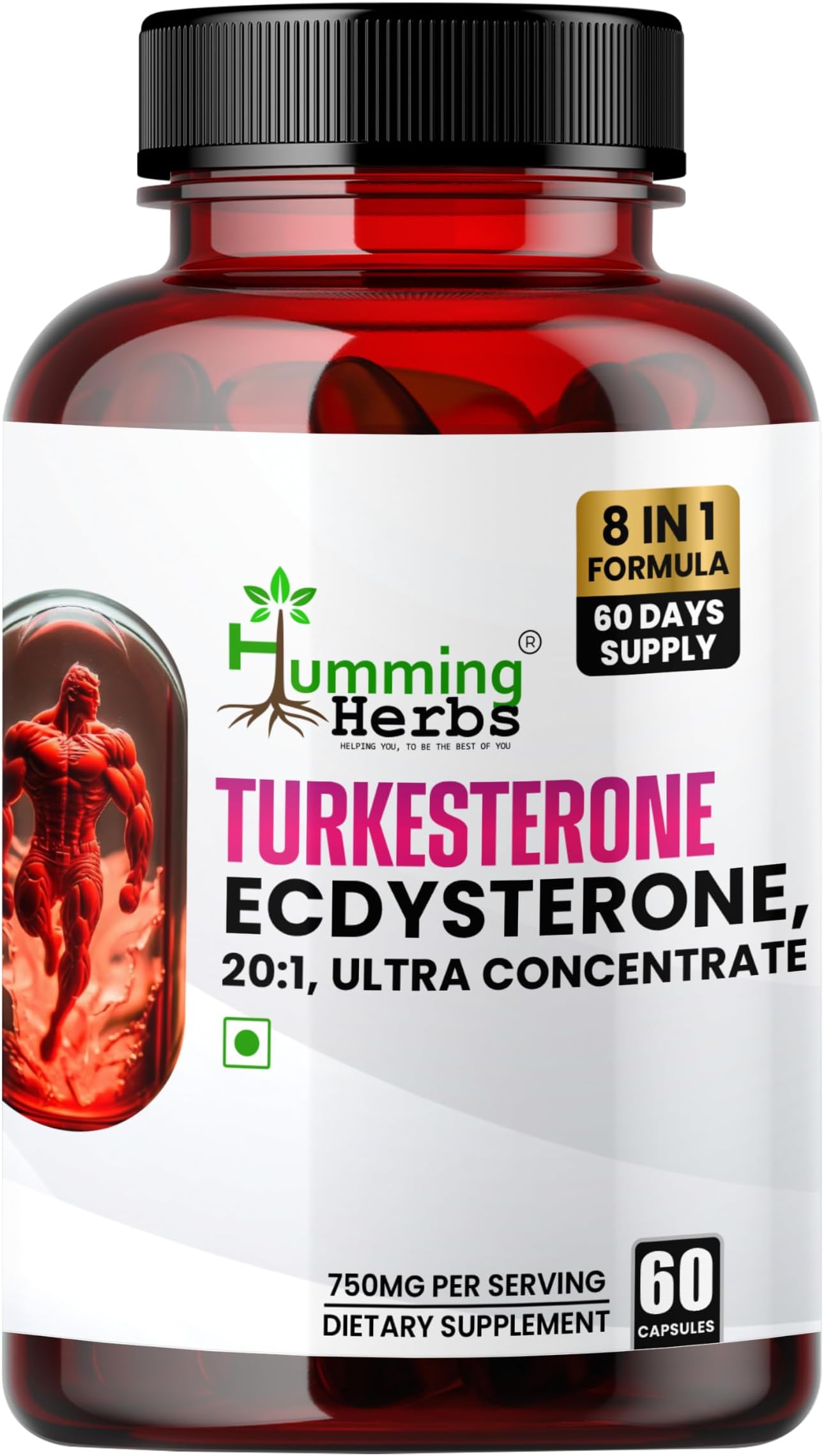 Humming Herbs Turkesterone Ecdysterone Ajuga Turkestanica Supplement with Tongkat Ali Horny Goat weed & maca | Boost Muscle Growth, Memory Support - 60 Capsules