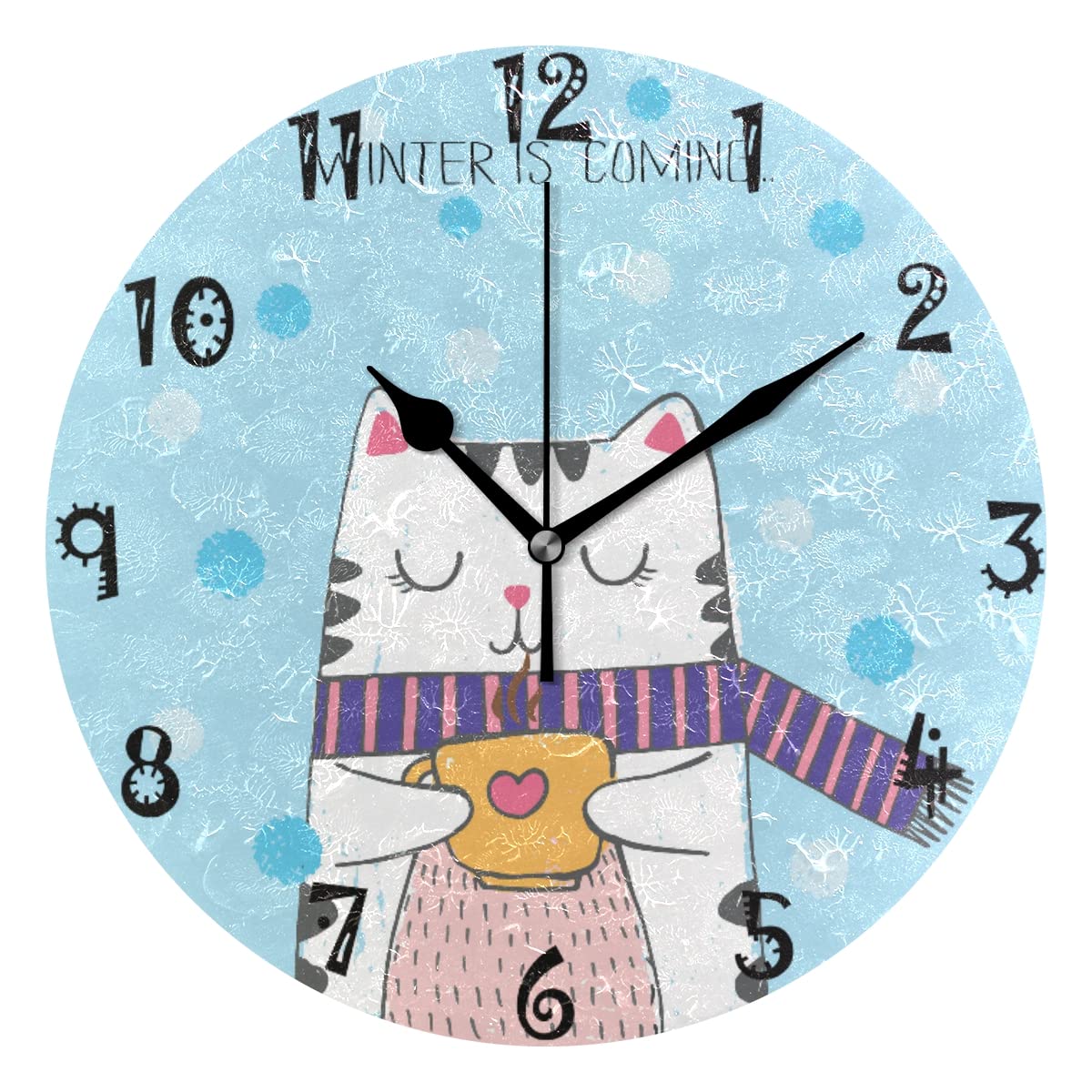 BEUSS Blue HeCat Cute Animal Circular Wall Clock Round Plate Silent Non Ticking Clock for Kitchen Bedroom Home Office School Kid Boys Girls Decor