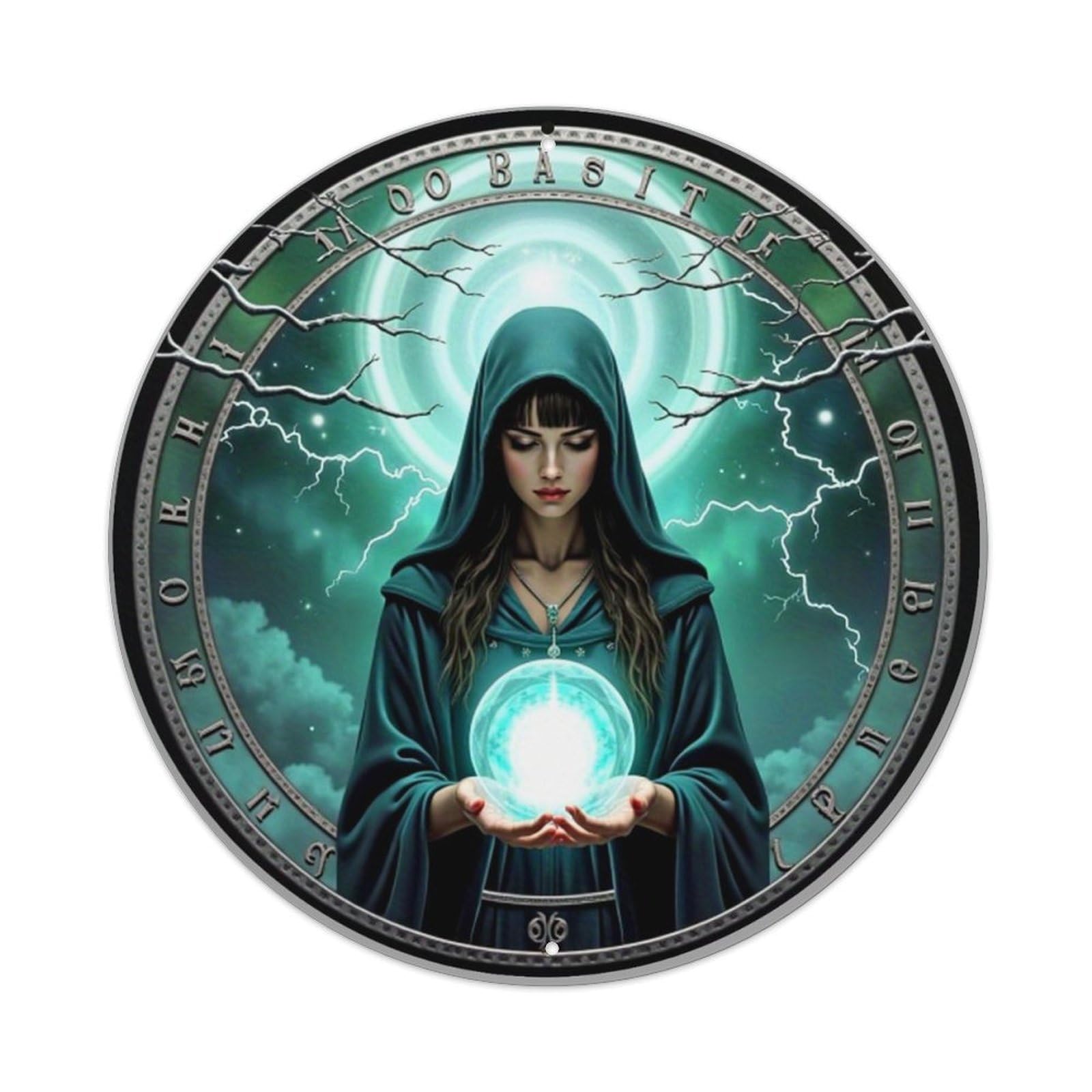 Mystic Woman Holding Orb Light Vintage Round Tin Sign Retro Metal Wall Decor Metal Poster, Home Bar Garage Cafe Wall Art Decoration 8x8Inches