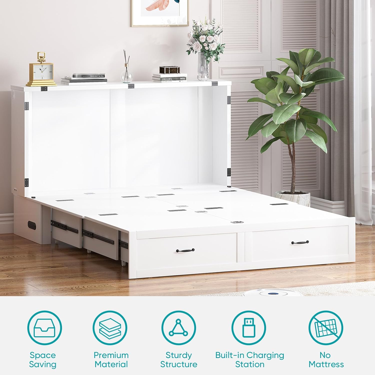 BALUS Murphy Cabinet Bed, Queen Size Cube Cabinet Beds with 2 Large Storage Drawers, Hidden Murphy Chest Bed Cabinets with USB Charging Station for Guest Room Living Room, No Mattress-White