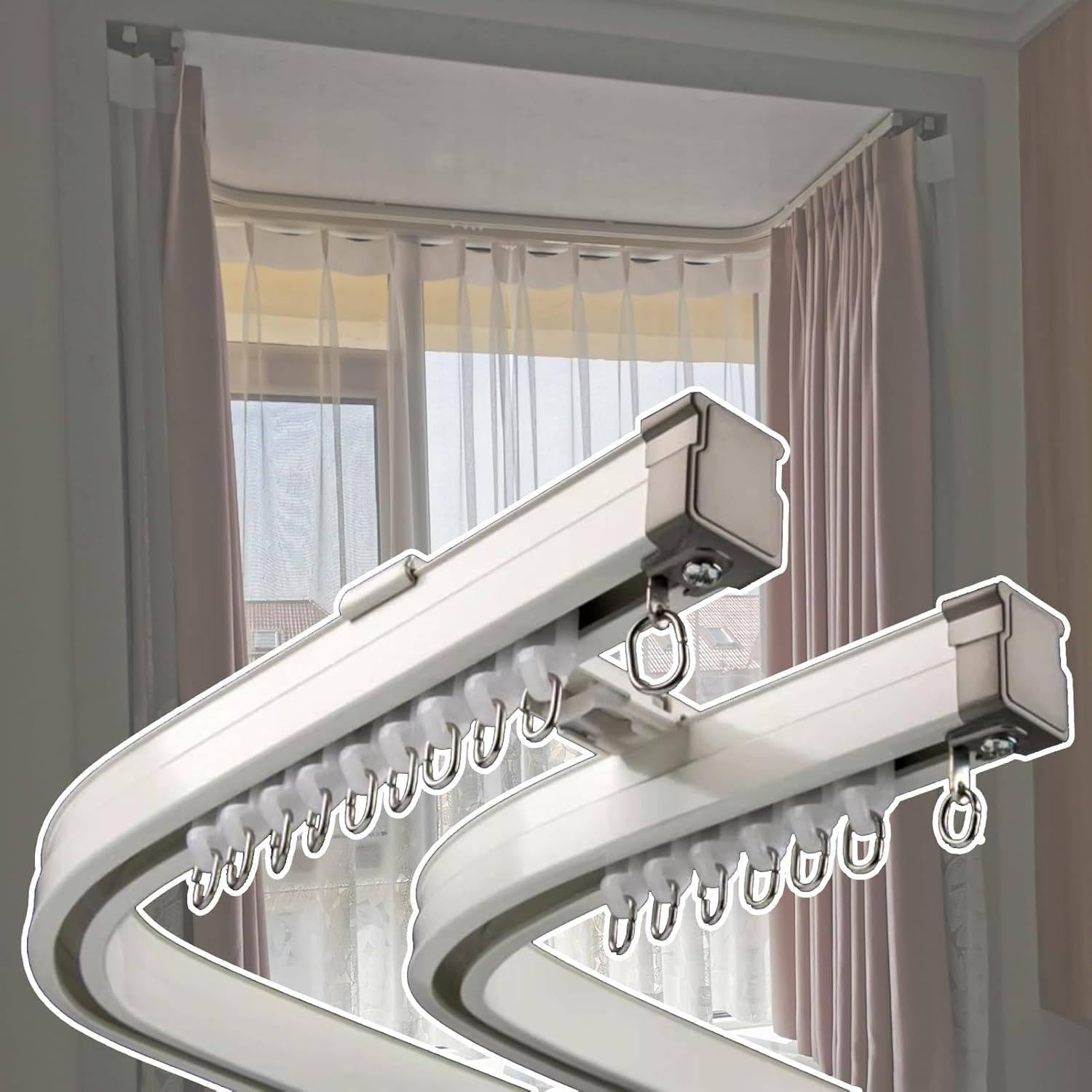 Double rideau Track Rail incurvé pour la baie vitrée, système de piste de rideaux flexible à pliage, piste de rideau en alliage en aluminium et accessoires, support de plafond
