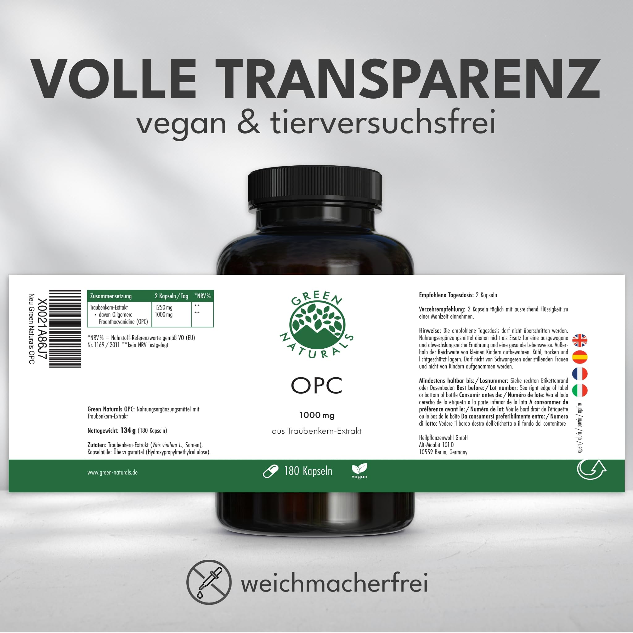 Green Naturals OPC Traubenkernextrakt – Hochdosiert: 1.250 mg Extrakt | 1.000 mg OPC pro Tagesdosis · 180 Kapseln · 3-Monatsvorrat