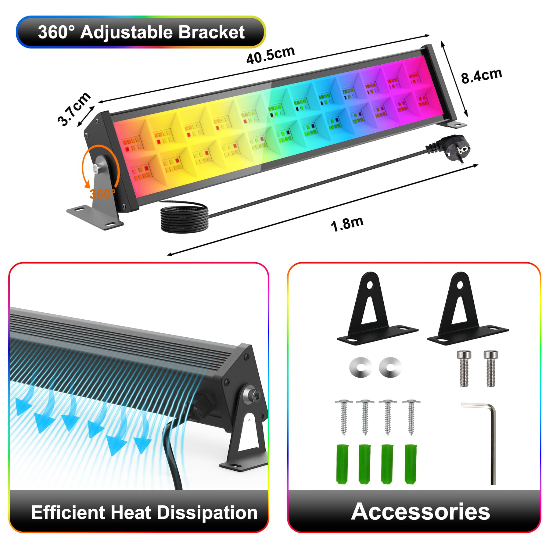 NATPOW Projecteur RGB LED Extérieur 72W, Barre Lumineuse avec Application Bluetooth et Télécommande, Étanche IP65 Lumière Extérieure LED, Lampe Changeant de Couleur pour Fête, Jardin, Patio, 2 Pièces