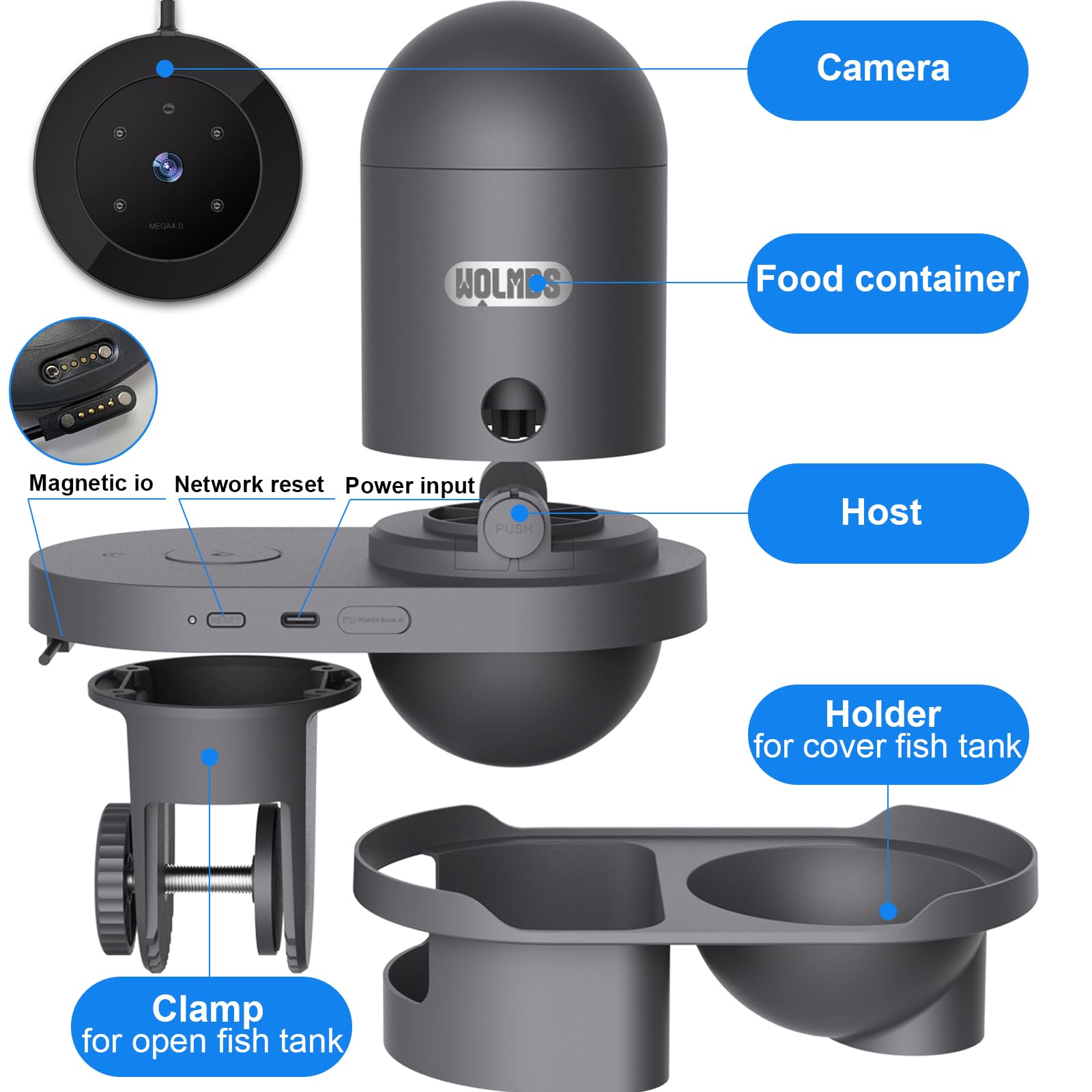 Alimentador Automático de Peces - Dispensador de Comida para Peces WOLMDS con Cámara 2.5K y Control WiFi/App|Capacidad de 230ML,Comedero a Prueba de Humedad Ideal para Vacaciones y Acuarios