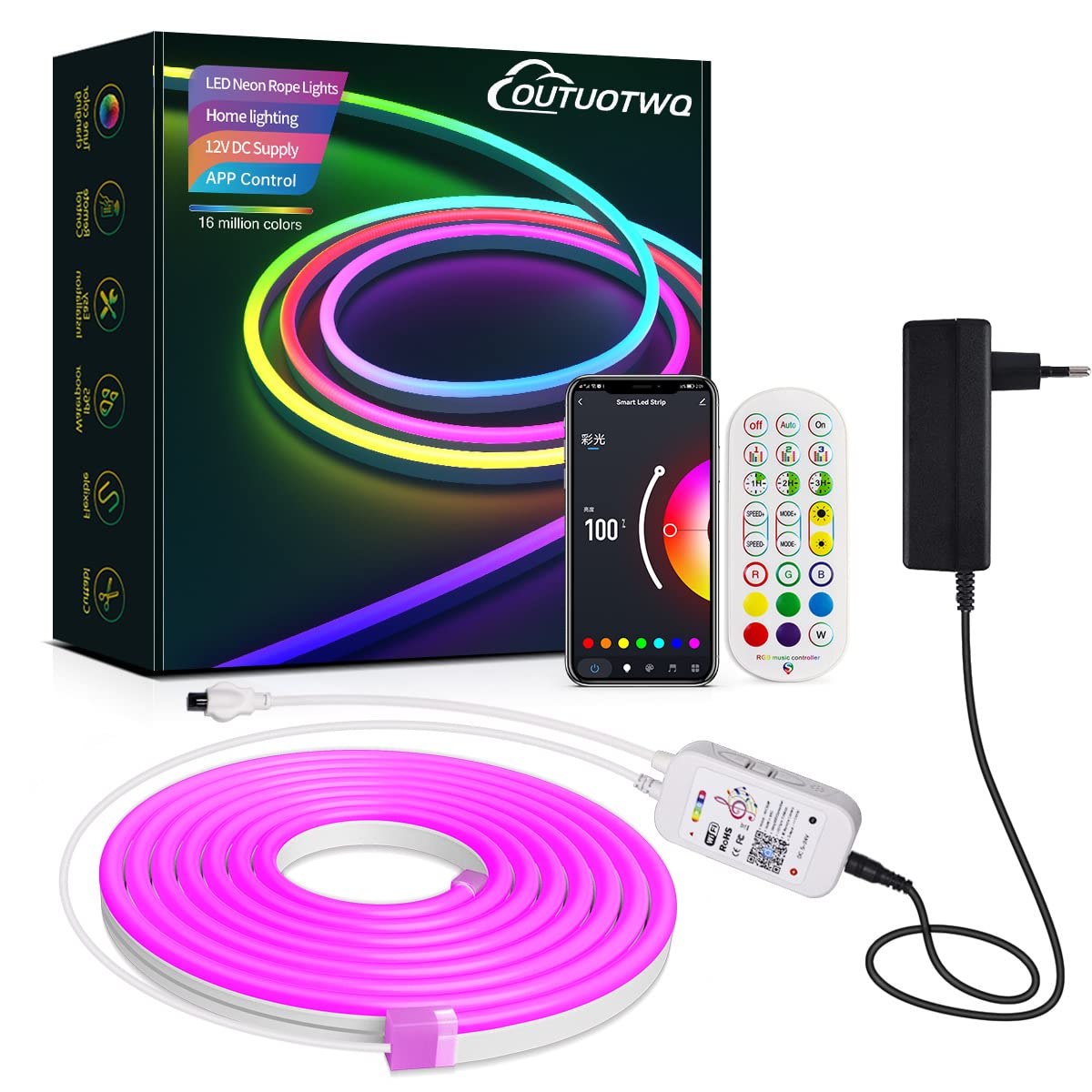 5M neonowa taśma LED, RGBIC Smart Synchronizacja muzyki wielokolorowa wodoodporna IP67 kompatybilna z Alexa i Google Assistant Control APP pilot do dekoracji pokoju (5M)