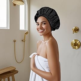 Reusable Shower Cap for Women, Large Waterproof Shower Bonnet Washable Elastic Band Bath Accessories Hair Hat for Long Hair, Braids(Black&Purple)