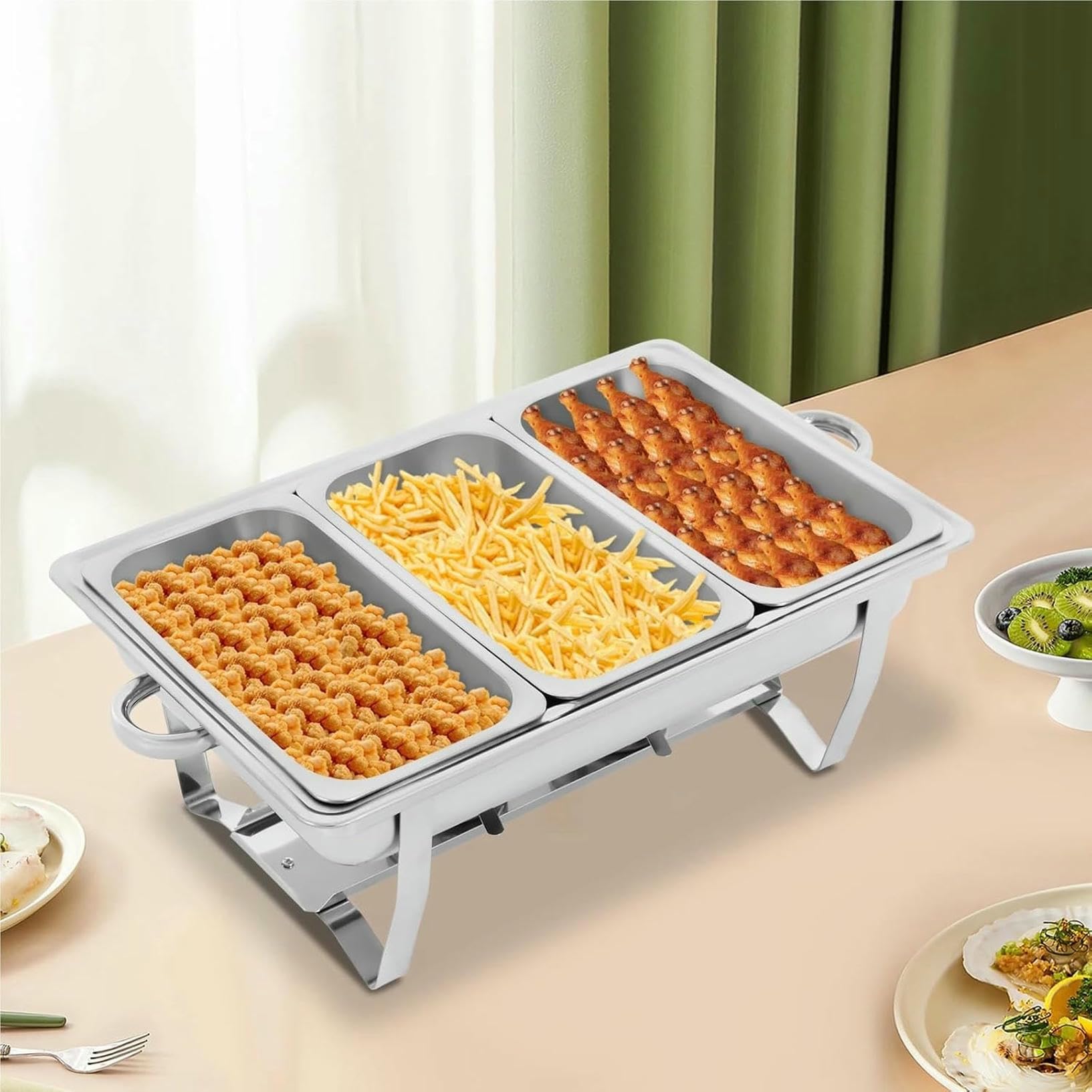 Set scaldavivande a 3 scomparti in acciaio inox, scaldavivande con combustibile solido alcolico, per feste, eventi, catering e buffet, supporti eleganti e durevoli