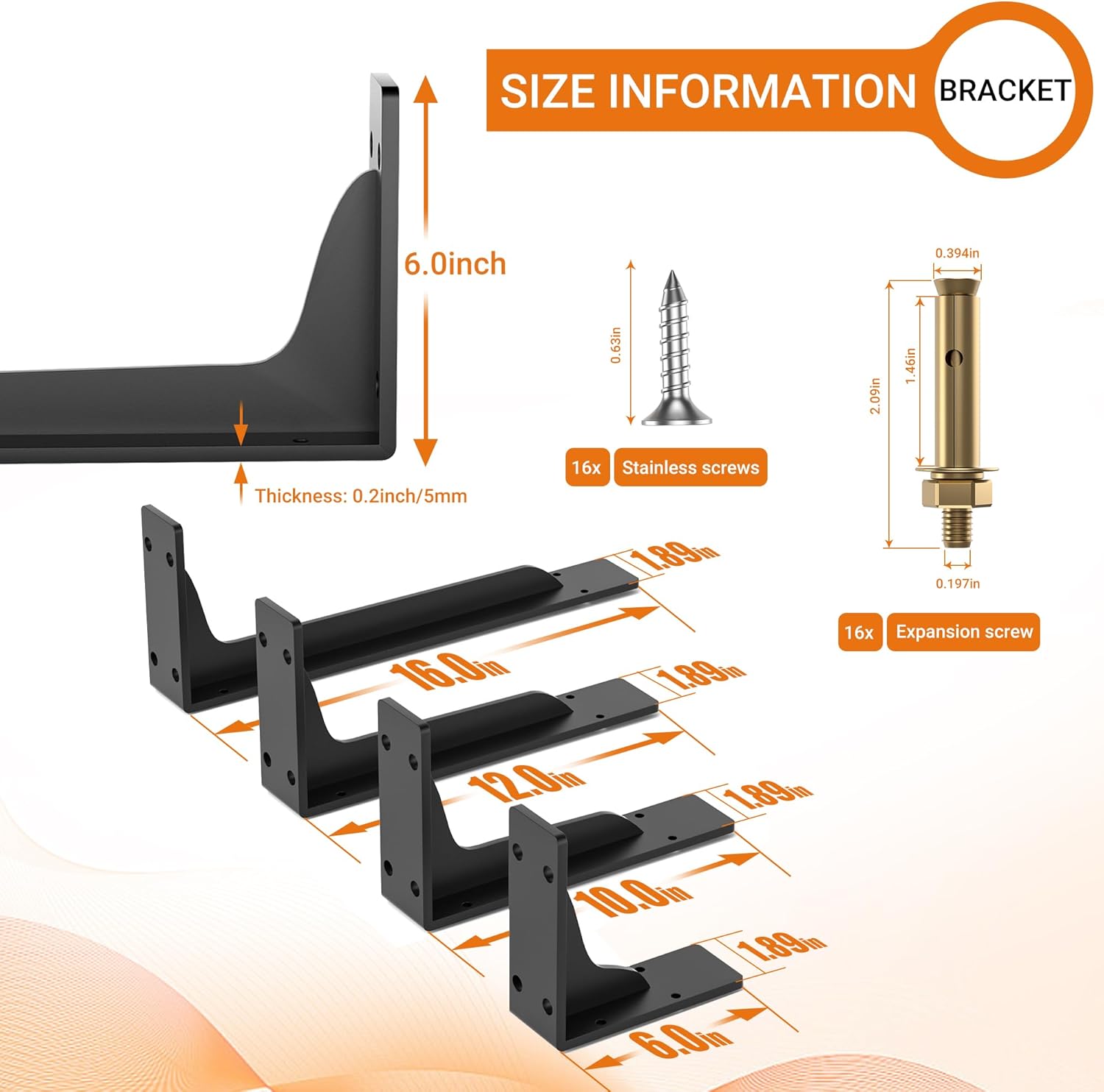 6x6inch Shelf Brackets, 4PCS 1/5inch Thickness Heavy Duty Wall Mount Metal L Brackets for Shelves, Black Coated Floating Shelf Support Brackets for DIY Decorative