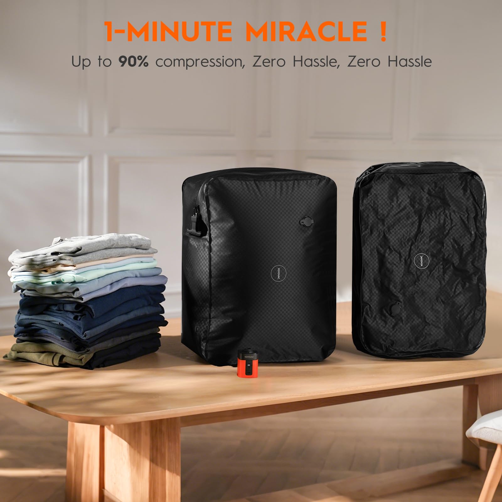 A-17/新品未使用 YOYOVAC 圧縮トラベルバッグ ブラック YOYOVAC 真空圧縮バッグ（トラッカー＆ワイヤレスポンプ付き）