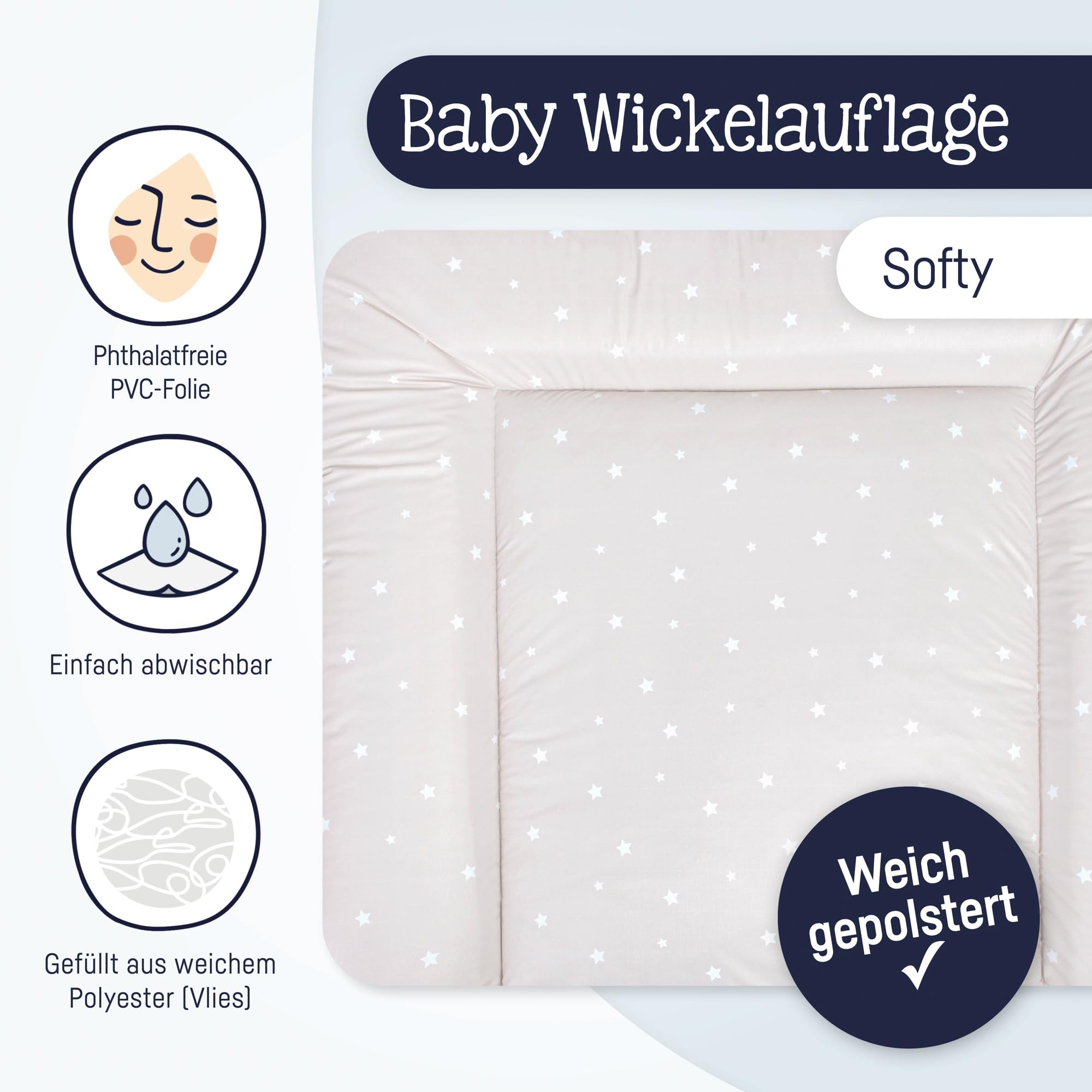 Julius Zöllner Wickelauflage Softy 75x75 cm - Wickelunterlage - wasserdicht und abwischbar - Made in Germany – Oeko-Tex Standard 100 – Star beige