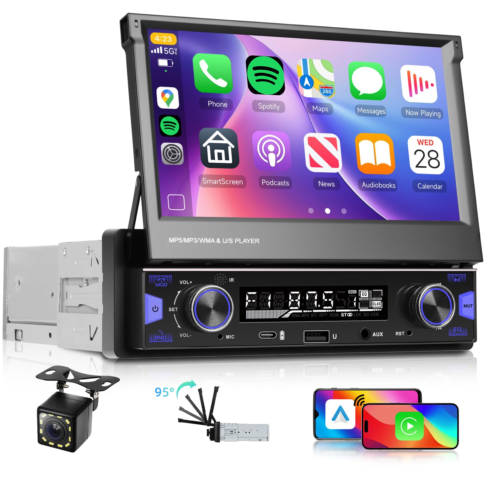Hodozzy Radio Coche 1 DIN con Carplay Android Auto Inalámbrico, Pantalla Táctil Extensible 7 Pulgadas, Bluetooth Radio FM/Am/RDS, Radio MP5 con MirrorLink/USB/AUX/Type-C + Control Volante y Cámara