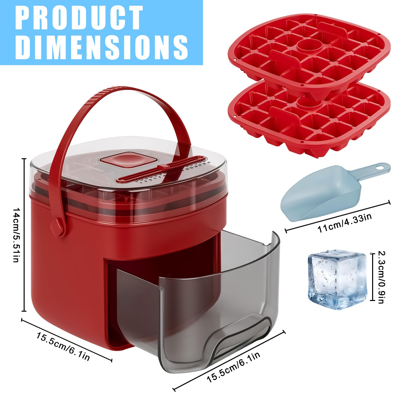 Máquina para hacer hielo, 48 cubitos de hielo, incluye cuchara de hielo y cesta, liberación rápida en 1 segundo, ideal para whisky, cócteles, café y cerveza