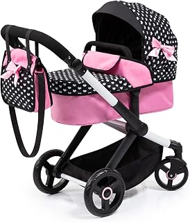 Bayer Design Pram Xeo Hearts Black & Pink Doll Stroller - Convertible Jogger, Adjustable Handle, Matching Bag for 20" Dolls, Ages 3+
