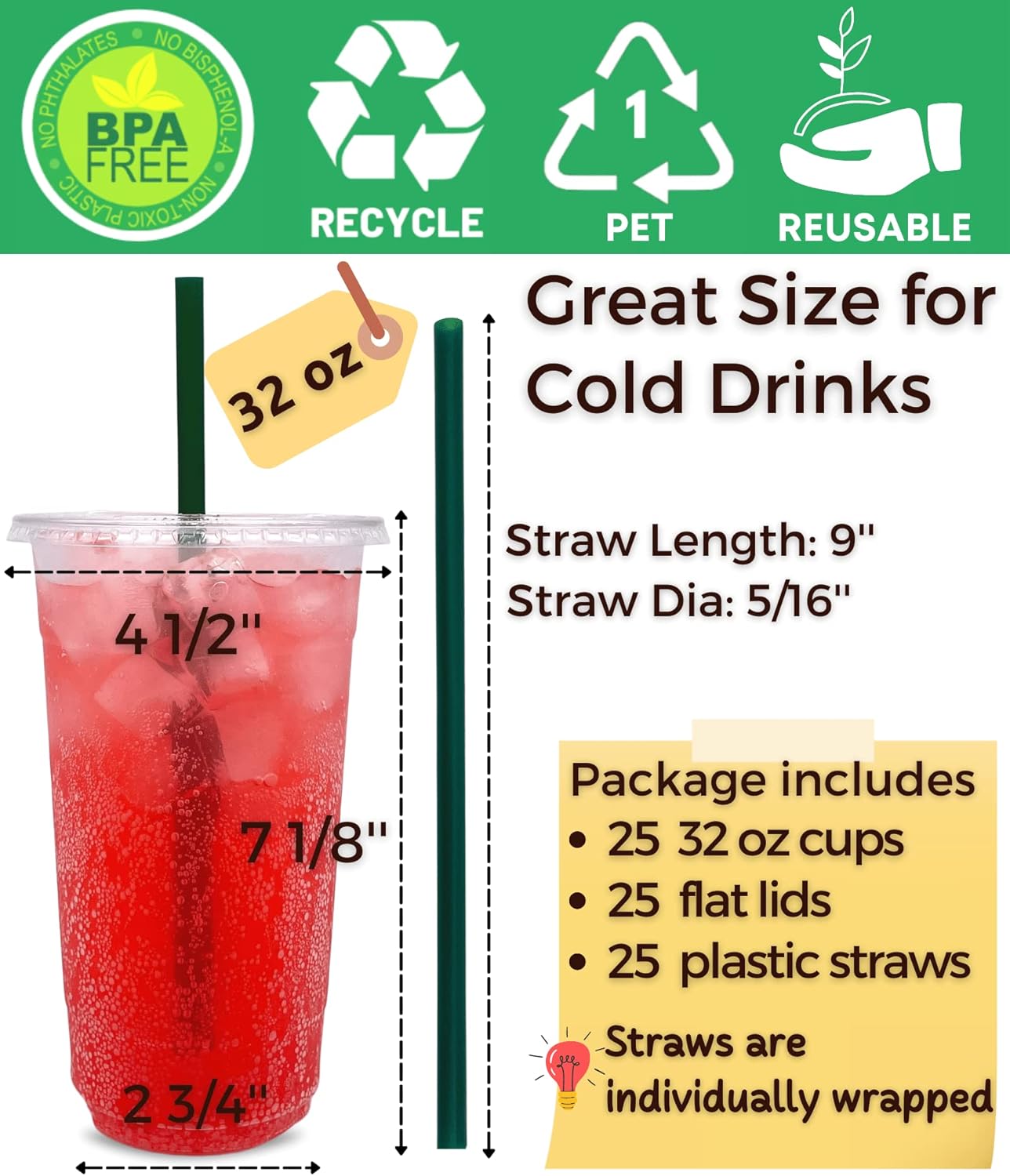 32 oz clear plastic cups with lids and straws, disposable coffee cups 25 sets 25 32 oz cups