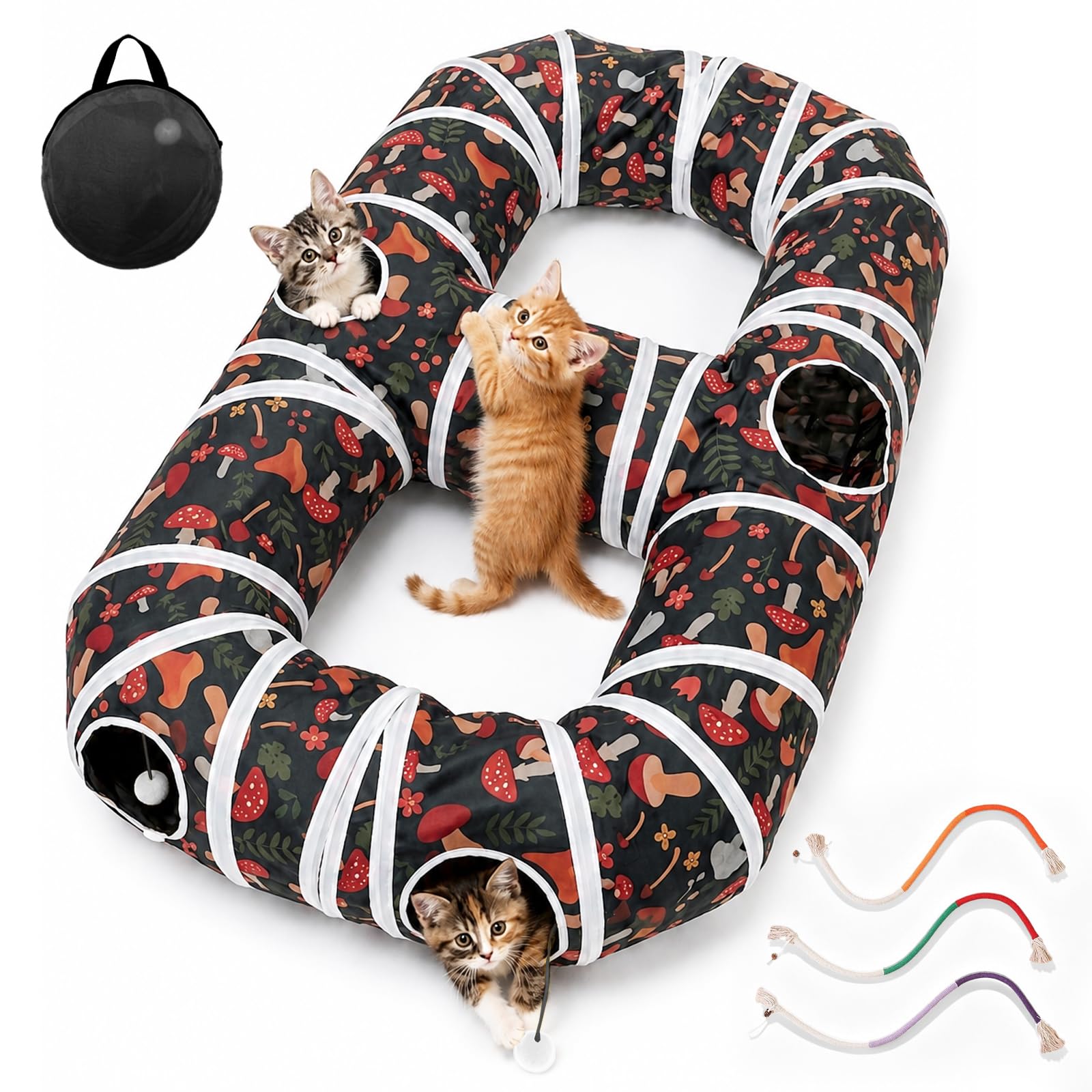 Iriisy Cat Tunnels for Indoor Cats, Collapsible 8-Shaped Cat Play Tunnel with Hanging Pom-Poms and Interactive Hole for Kitten, Includes 3 Chew Rope for Cats & Kittens (Forest Green Floral)