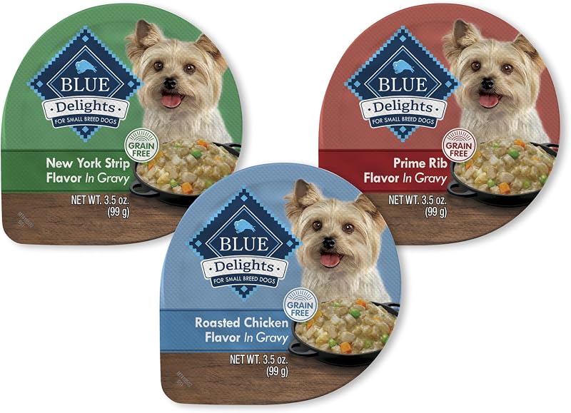 Ração úmida para cães adultos de pequeno porte Blue Buffalo Delights, sabores Frango, Prime Rib e New York Strip, 24 unidades de 99 g