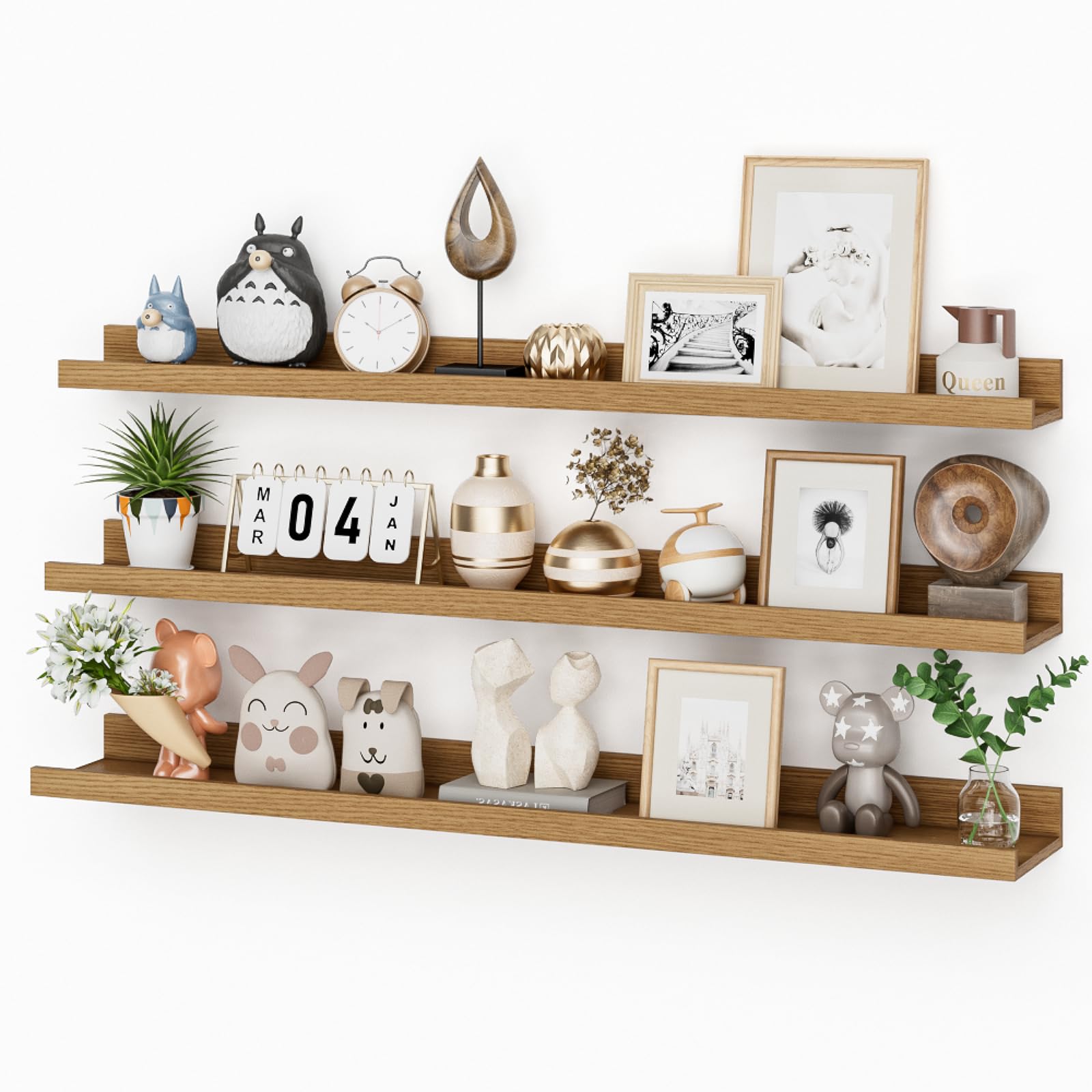 Floating Shelves Set of 3, 90 cm Oak Floating Shelves Wood Wall Mounted Shelf Picture Ledge Shelf Kids Bookshelf for Living Room Kitchen Bedroom Bathroom Photo Display Home Organization & Wall Decor