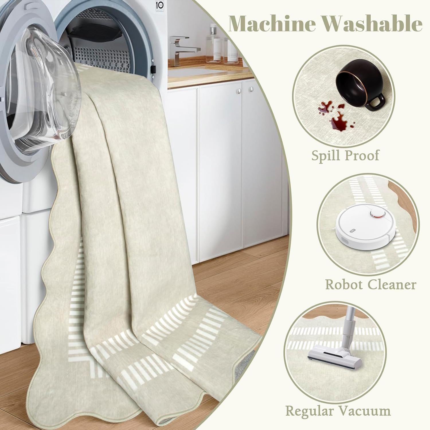 Washable Runner Rug 2.6x8 Kitchen Hallway Scalloped Rugs, Non Skid Stain-Resistant Indoor Rug Soft Entryway Carpet Runner for Bathroom Laundry Room