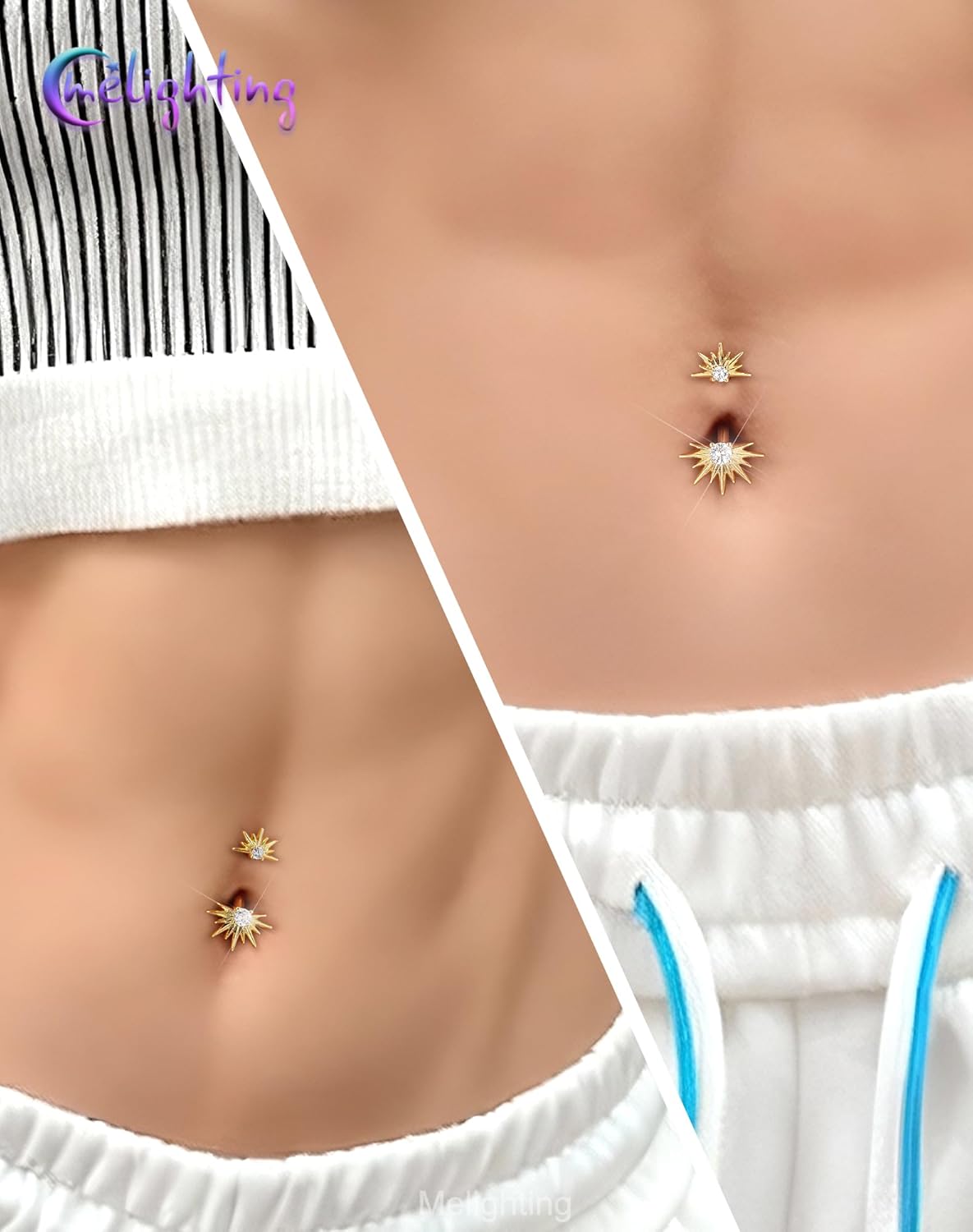 Melighting 14G Belly Button Ring, Sun Belly Piercing Jewelry 316L Surgical Steel, Gold Navel Bars Barbell CZ Clear, 10 mm Silver Body Jewellery for Women - Image 3