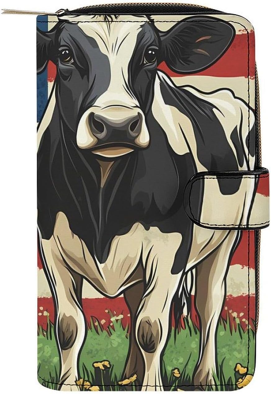 U.S Flag Cow Animal Women's Long Wallet Leather Large Capacity Wristlet Clutch Purse Wallets