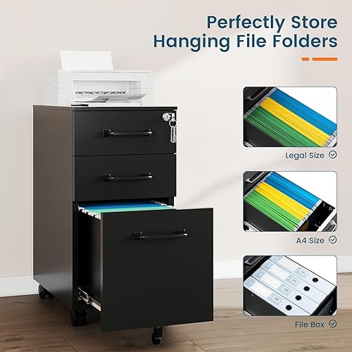 Miniatura 12 de MIIIKO Archivador de 3 cajones con cerradura, archivadores verticales de metal negro para oficina en casa, gabinetes de archivos completamente