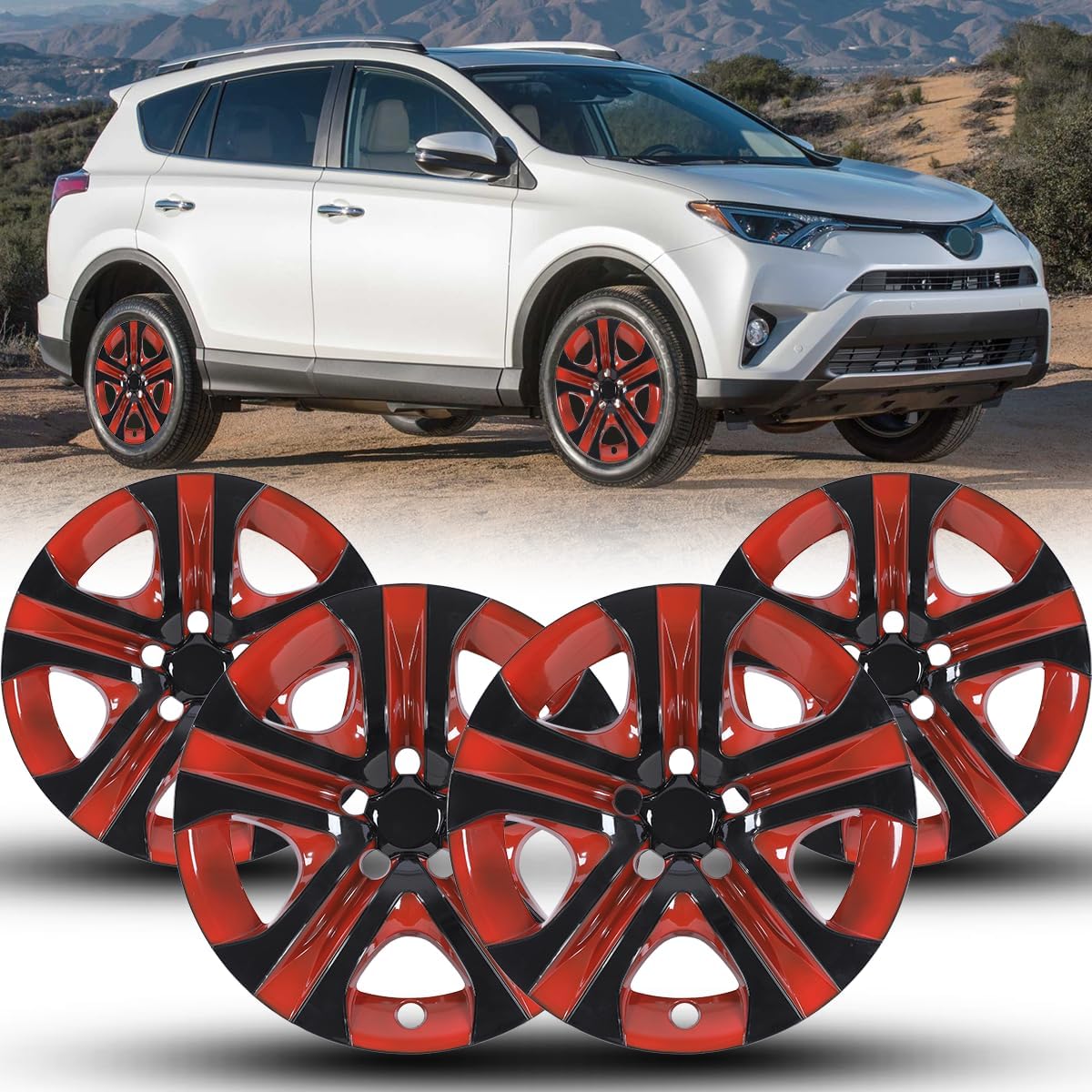 Winjet 17 inch Hubcap Wheel Covers Compatible with 2013-2018 Toyota Rav4 (Set of 4) Hub Caps for Standard Steel Wheels- Auto Tire Replacement Exterior Cap Cover (Black Lacquer & Red Lacquer)