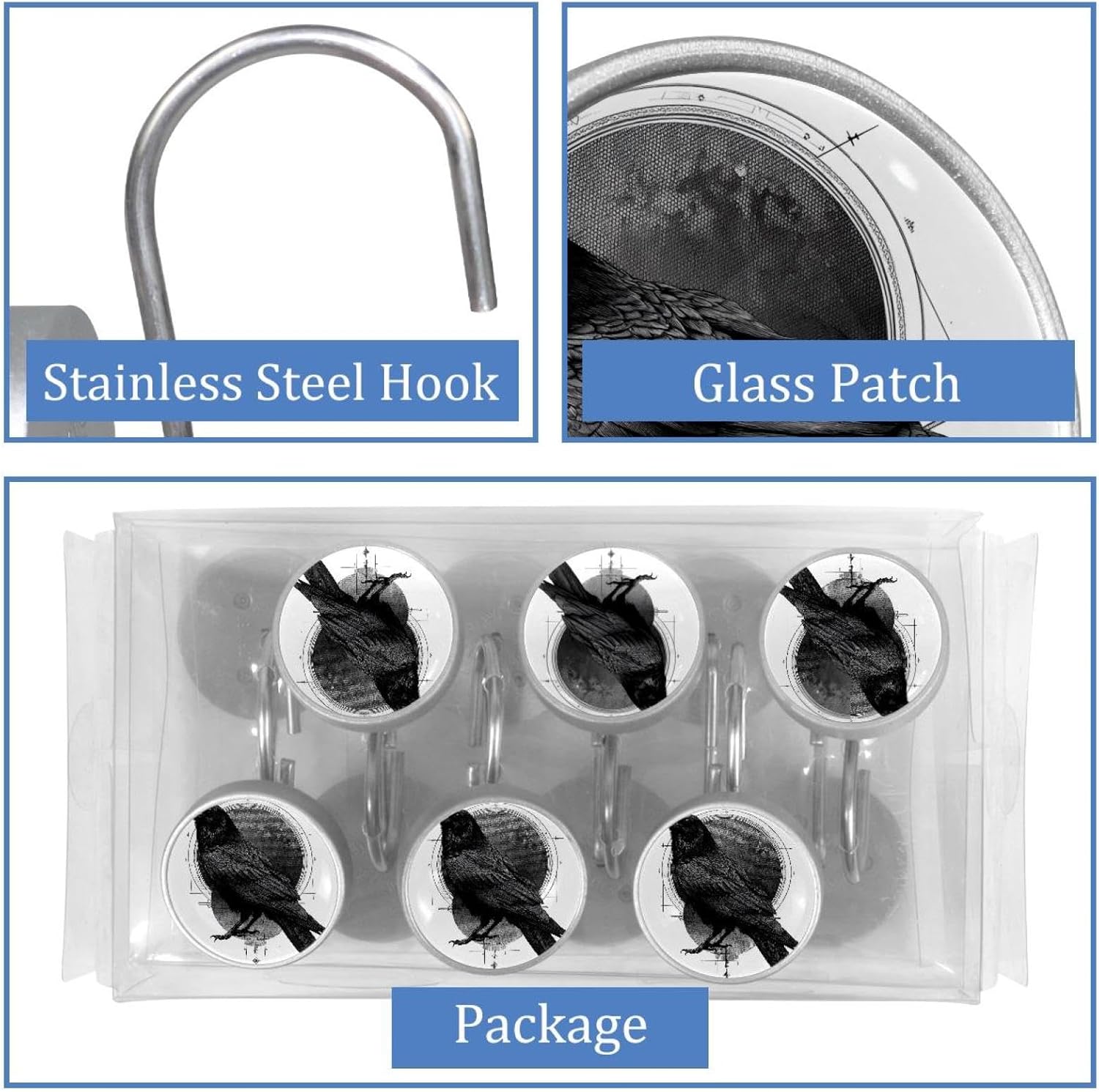 12PCS Crow (17) Shower Curtain Hooks Metal Rust Resistant Decorative Shower Curtain Hooks Bathroom Decorations