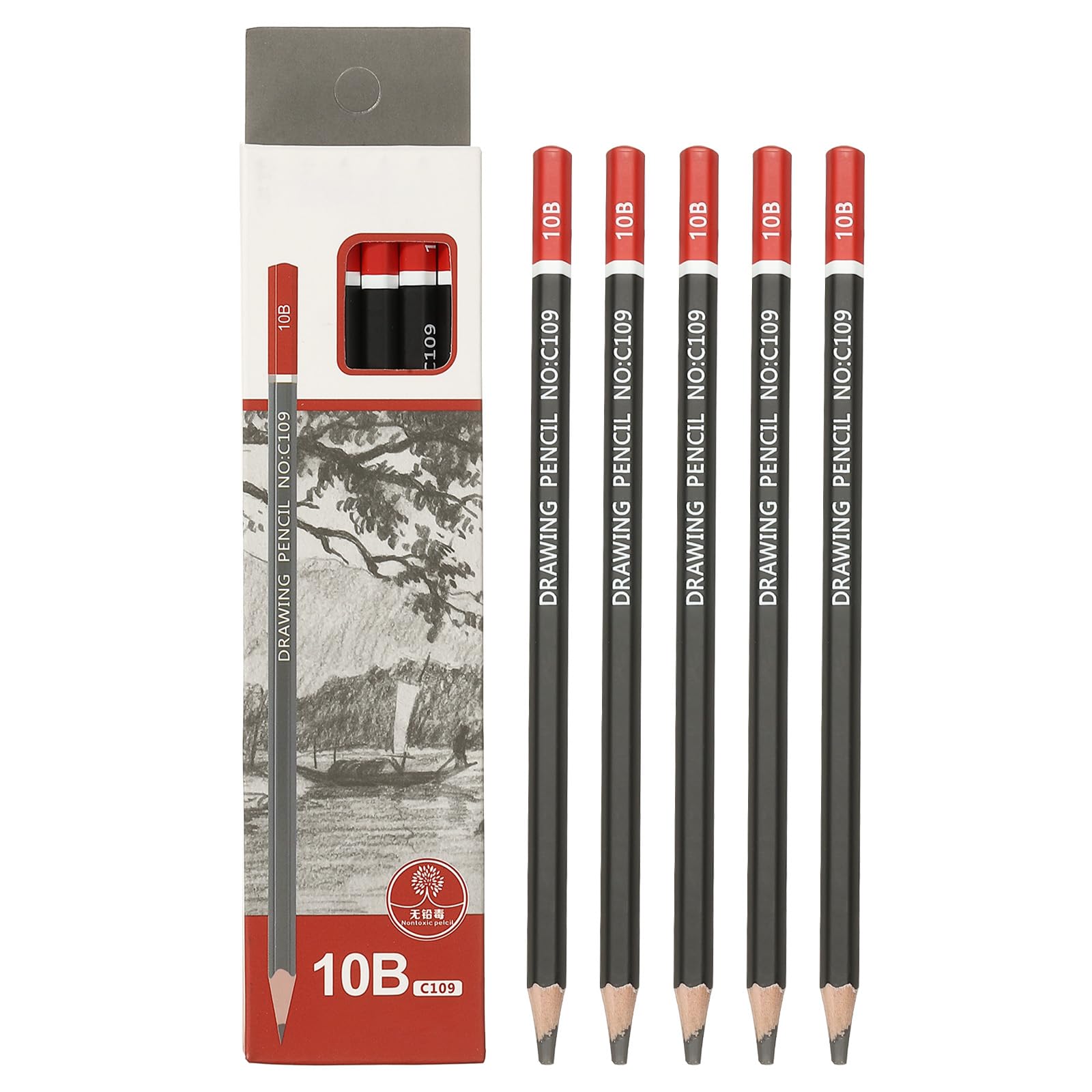 PATIKIL 10B Drawing Pencils for Sketching 12PCS Sketch Pencils for Drawing Art Pencils Graphite Wood Pre-sharpened for Drawing Sketching Artists 10B Pencils Black Red Rod