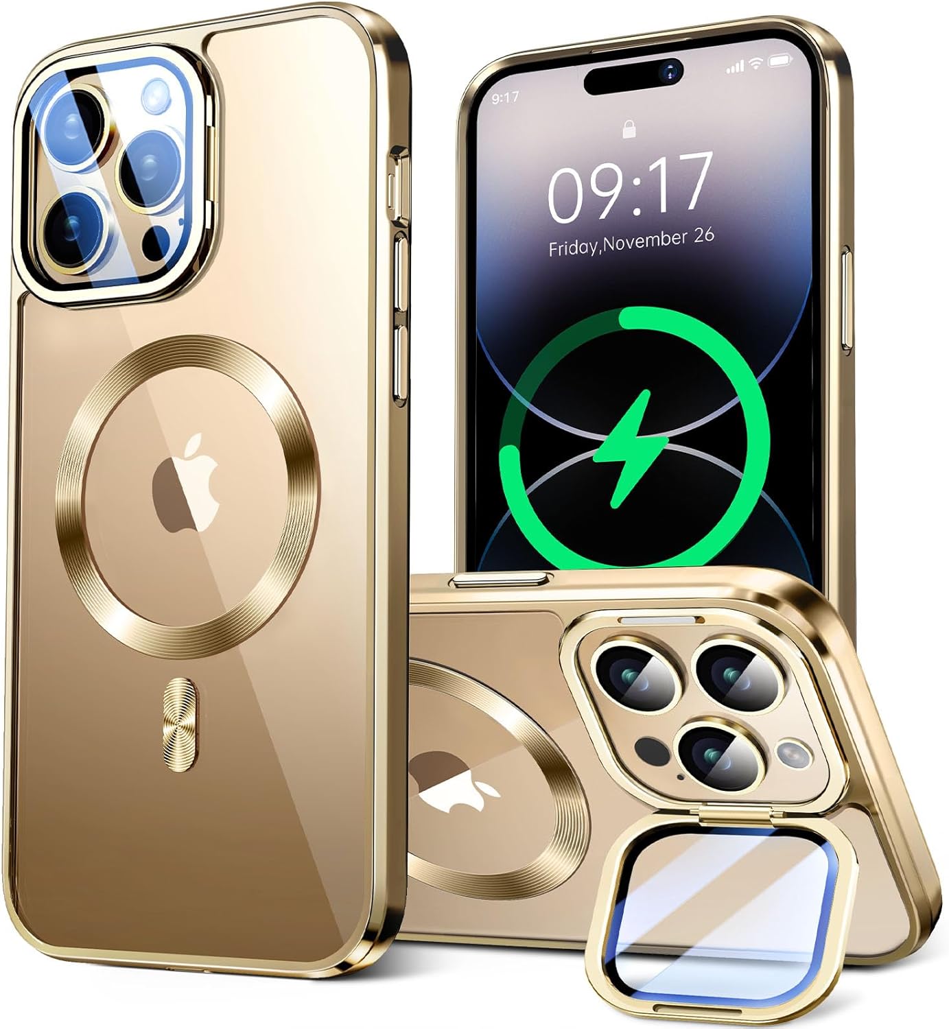 for iphone 14 pro max case compatible with magsafe accessories,stash stand 9h lens protection,slim phone case military-grade shock anti yellowing transparent case 6.7”-gold for iphone 14 pro max gold