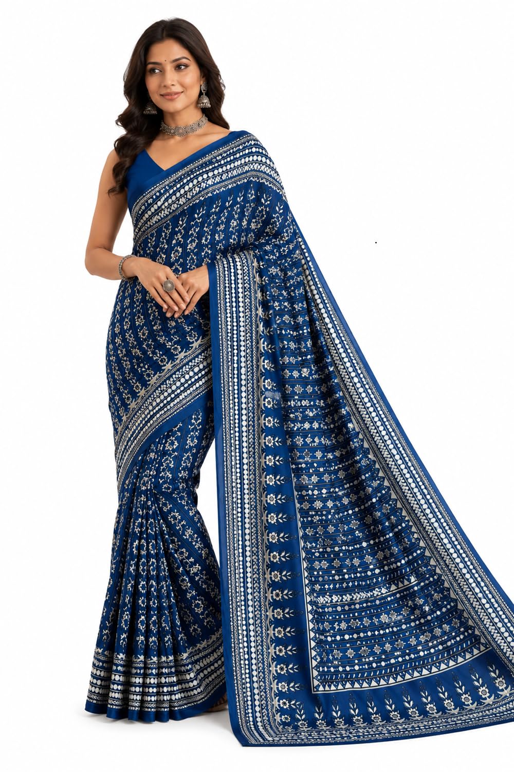 DWARKADHISH FASHION Women's Soft Faux Georgette Saree with Fancy Print, Hand Khatali Work, Real Mirror Embellishment & Piping | Includes Matching Printed Blouse Piece-picture-13