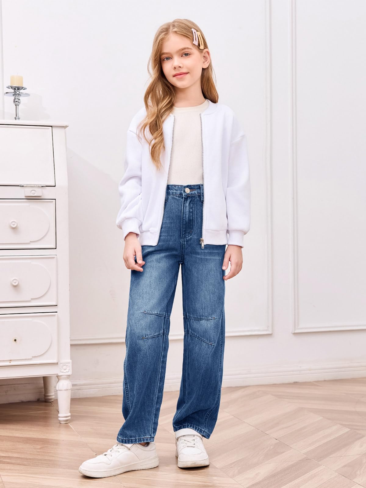 Haloumoning Jeans a gamba larga da bambina, alla moda, con elastico in vita, pantaloni larghi in denim con tasche, 5-14 anni